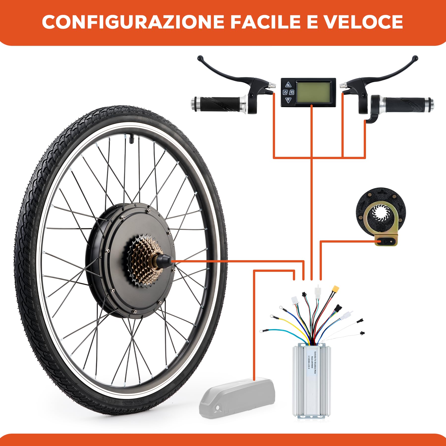 Viribus 500W/1000W/1500W Kit Conversione Bici Elettrica 36V/48V con Ruota da 26/28 Pollici Set Motore del Mozzo con LCD Sensore di Assistenza Pedalata