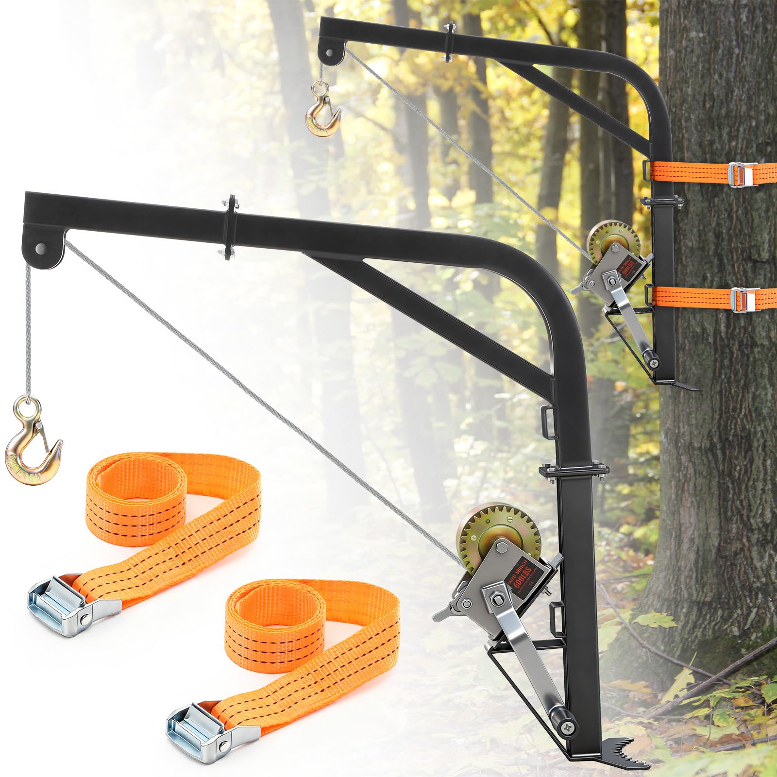 Feekoon Sollevatore per cervi montato su albero, capacità di carico 272,2 kg, resistente, con verricello manuale e cavo in acciaio per scuoiare, pulire, appendere mangime e condimento sul campo (nero)