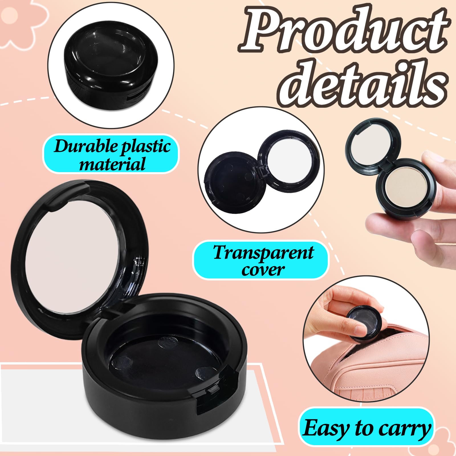 4 cajas vacías de sombra de ojos de maquillaje, contenedor de sombra de ojos recargable para uso diario en viajes, sartenes vacías para mujeres y niñas, 1.378 in, Negro - 3