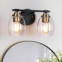 Vista 1 de Lámparas de tocador de baño, luces de tocador de oro negro con pantallas de vidrio sembrado, 2 luces, moderno, granja, baño, aplique de pared sobre