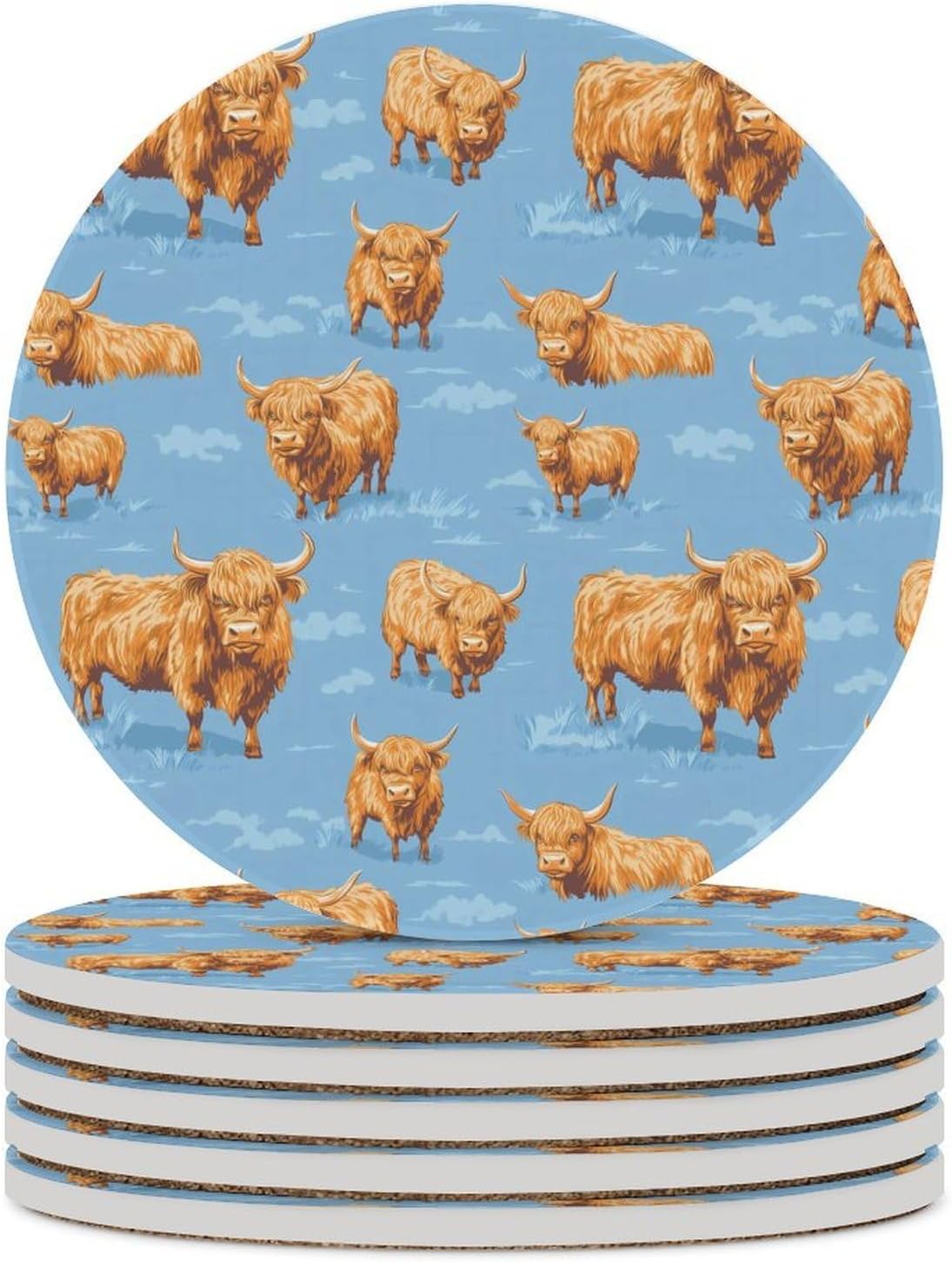 Highland Cows Pattern Round Ceramic Coasters for Drinks Absorbent Cup Holder Tabletop Protector with Cork Base