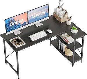 Bestier L Shaped Desk with Storage Shelves 55 Inch Corner Computer Desk Writing Study Table Workstation for Home Office, Black