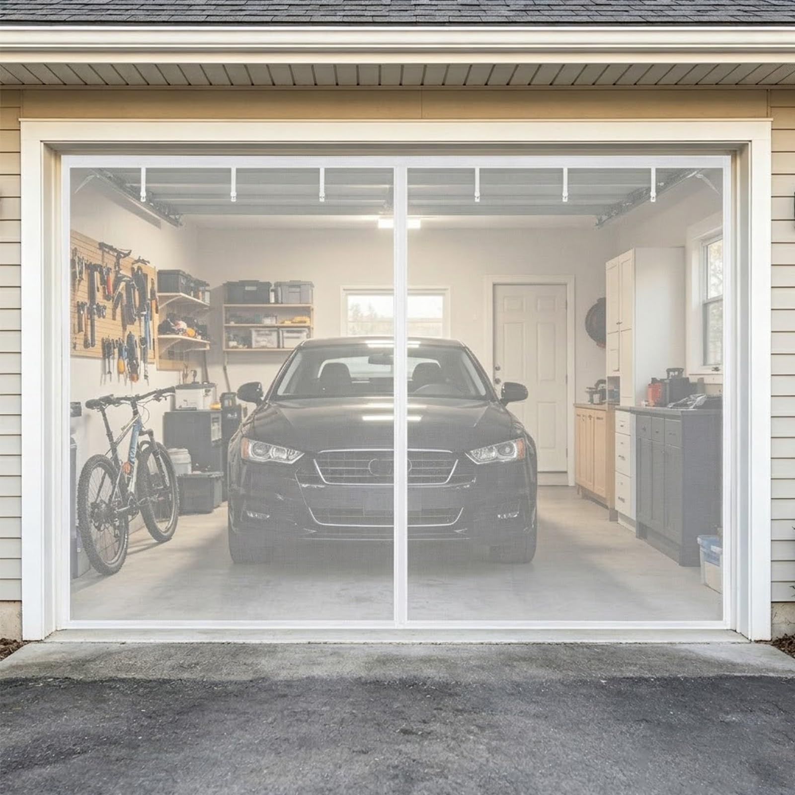 Moustiquaire de garage magnétique 305x213cm blanche avec fermeture automatique pour grand patio