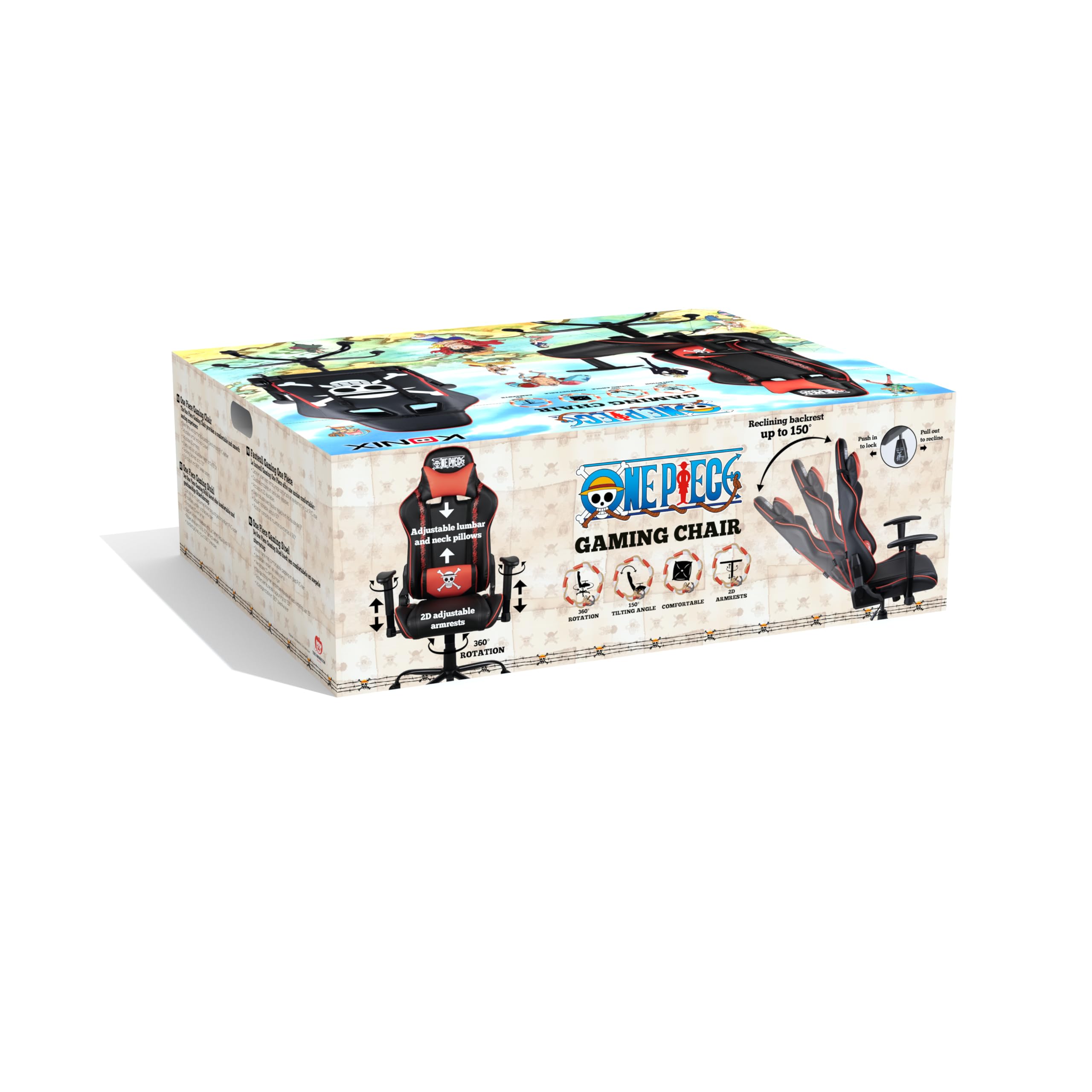 Konix Sedia da ufficio da gioco One Piece - Inclinazione del sedile di 150° - Pelle PU liscia - Nero e rosso