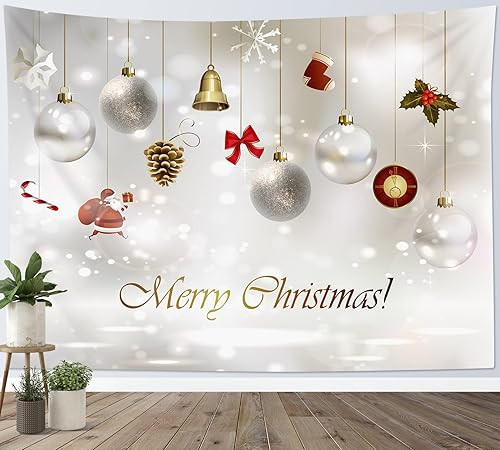 Miniatura 2 de LB Tapiz de Feliz Navidad, bola de Navidad y Papá Noel, tapiz de pared de copo de nieve de invierno, tapiz para colgar en la pared para el