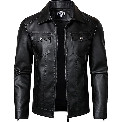 HOOD CREW Mens Leather Jacket Motorcycle Biker Jackets Casual Lightweight Faux Leather Outwear