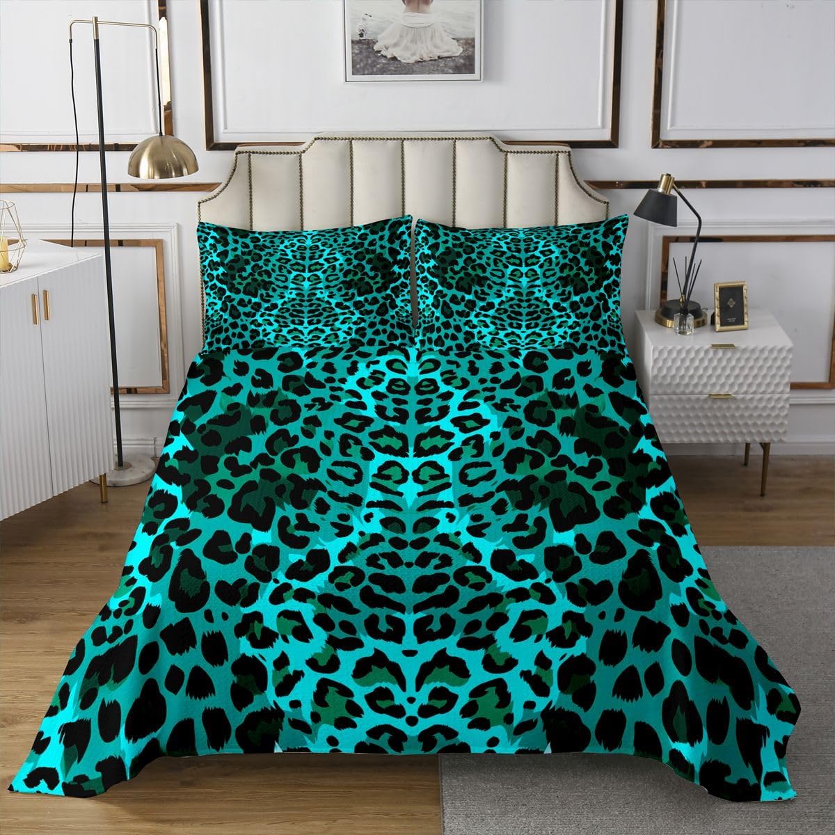 Erosebridal Teal Cheetah Skin Quilt Set Leopard Print Queen Bedspread Set | Spotted Pattern Art Coverlet Sets Wild Animal Skin Texture Quilted