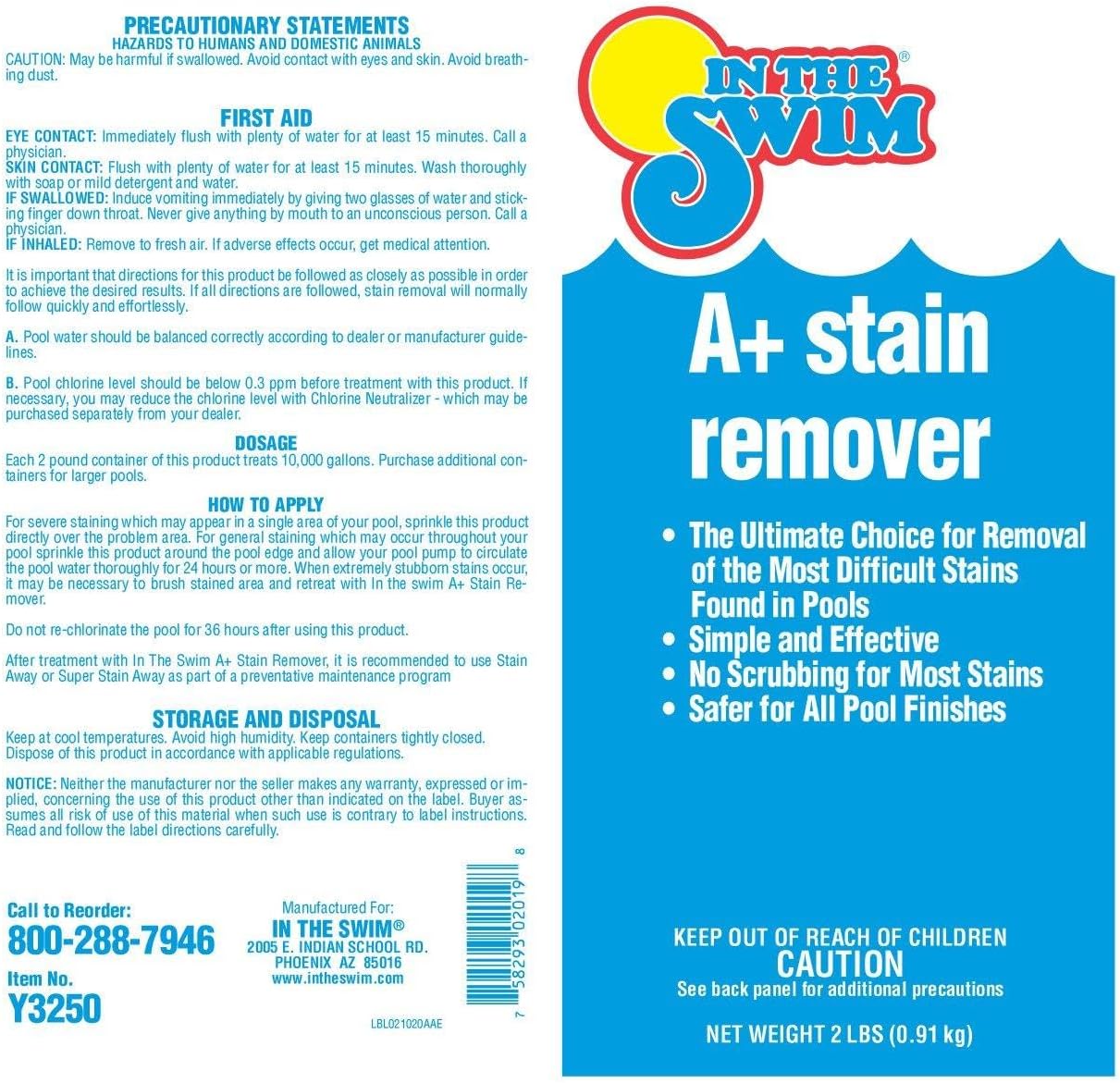 In The Swim A+ Pool Stain Remover - 100% Ascorbic Acid - Professional-Grade Metal & Organic Stain Treatment - 2 Pound