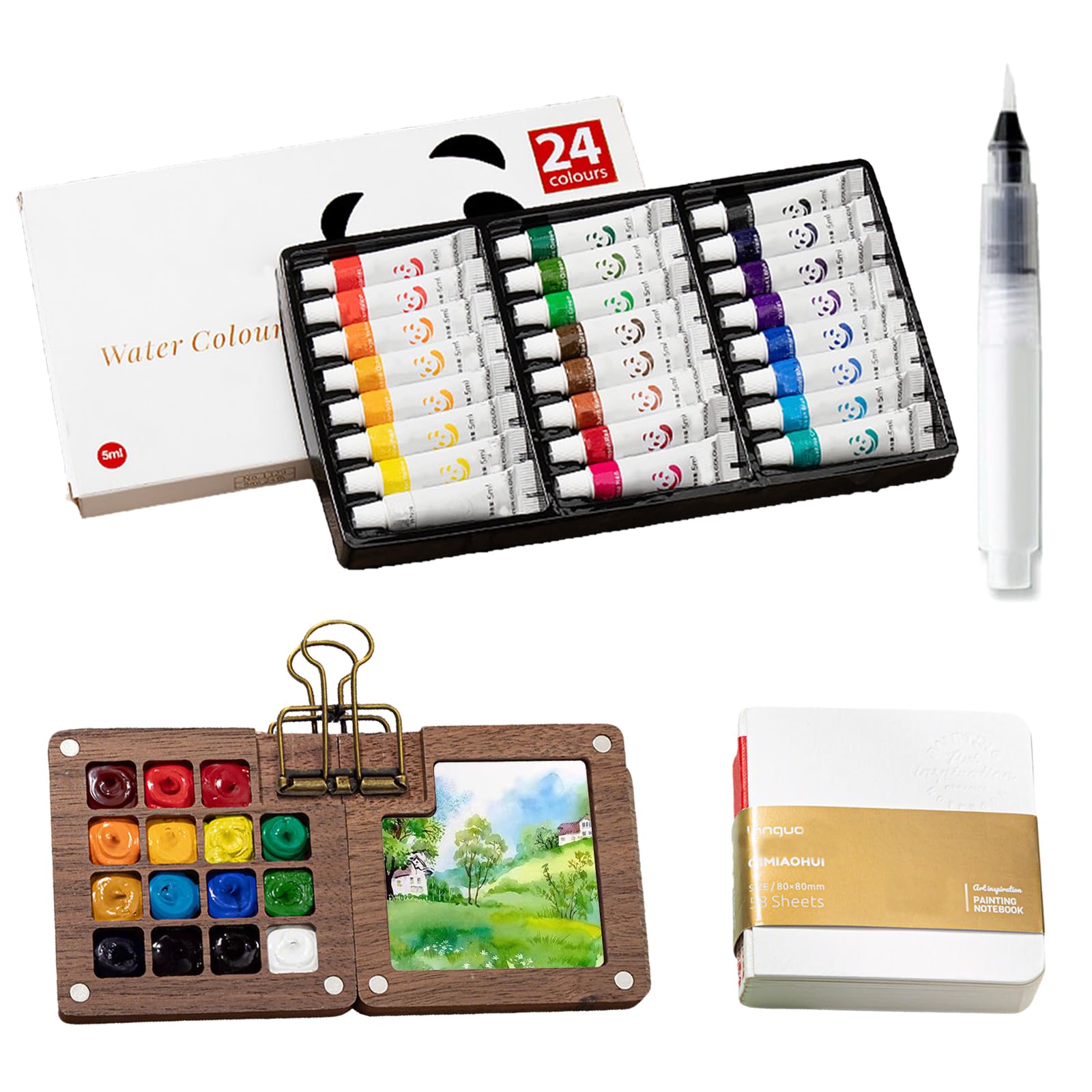 Noce Acquerelli da Viaggio 15 Griglie Tavolozza per Dipingere Magnetico Kit Pittura Include 24 Colori un Blocco da Disegno Pennelli e un Raccoglitore Set da Viaggio Portatile Pieghevole