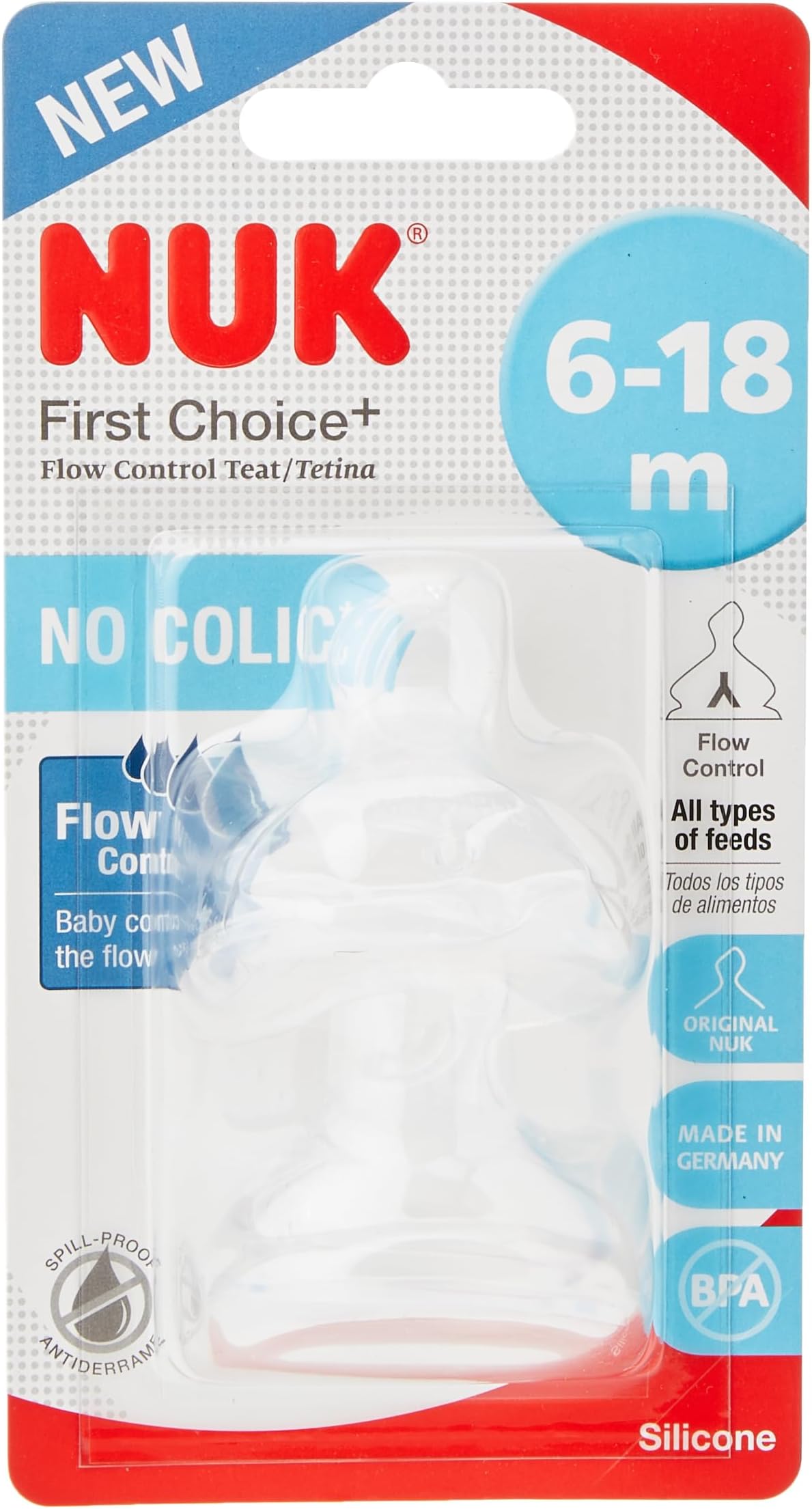 NUK First Choice+ Teats for Baby Bottles | 6-18 Months | Flow Control | Anti-Colic Vent | BPA-Free | 2 Count