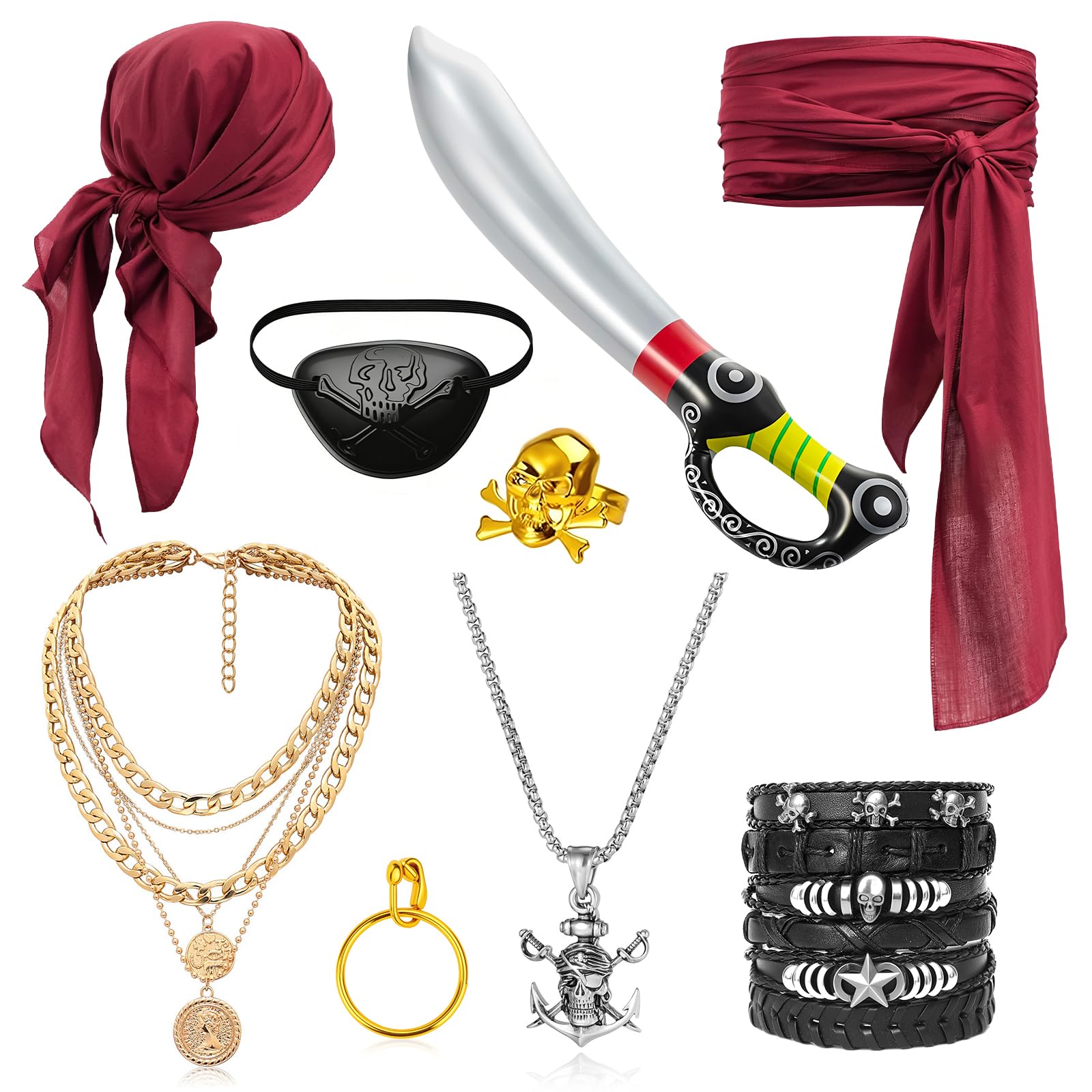 9 Medieval Pirate Costume Accessories Set for Adults,Pirate Fancy Dress Pirates Fancy Dress Set with Headscarf Eye Patch Necklace Bracelets Hip Scarf Dagger Prop for Halloween Cosplay Party (pirate)