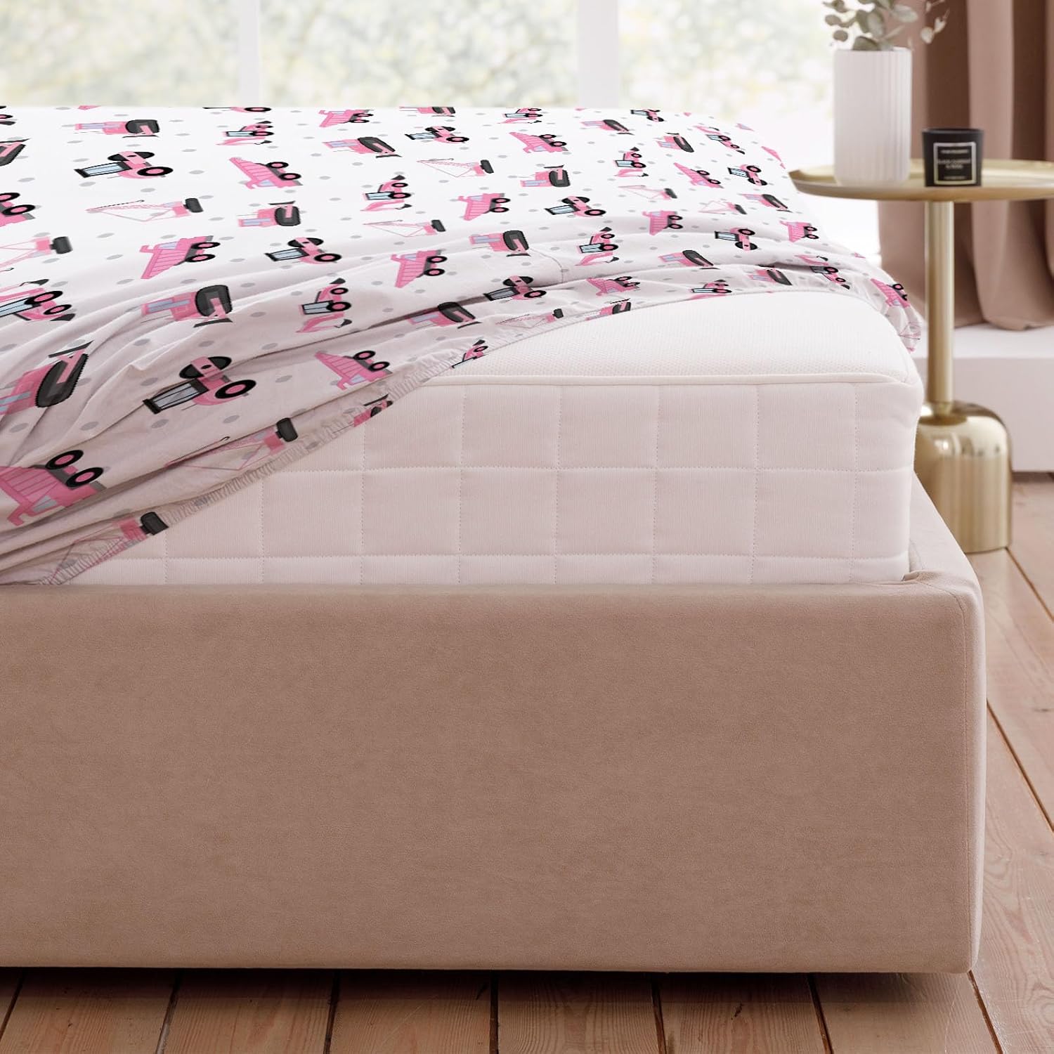 Allenjoy Pink Construction Trucks Toddler Sheets Set with Fitted Sheet, Flat Sheet and 1 Pillowcase for Bedding Bedroom Decor, Decorations for Boys Girls Men Women Twin Size