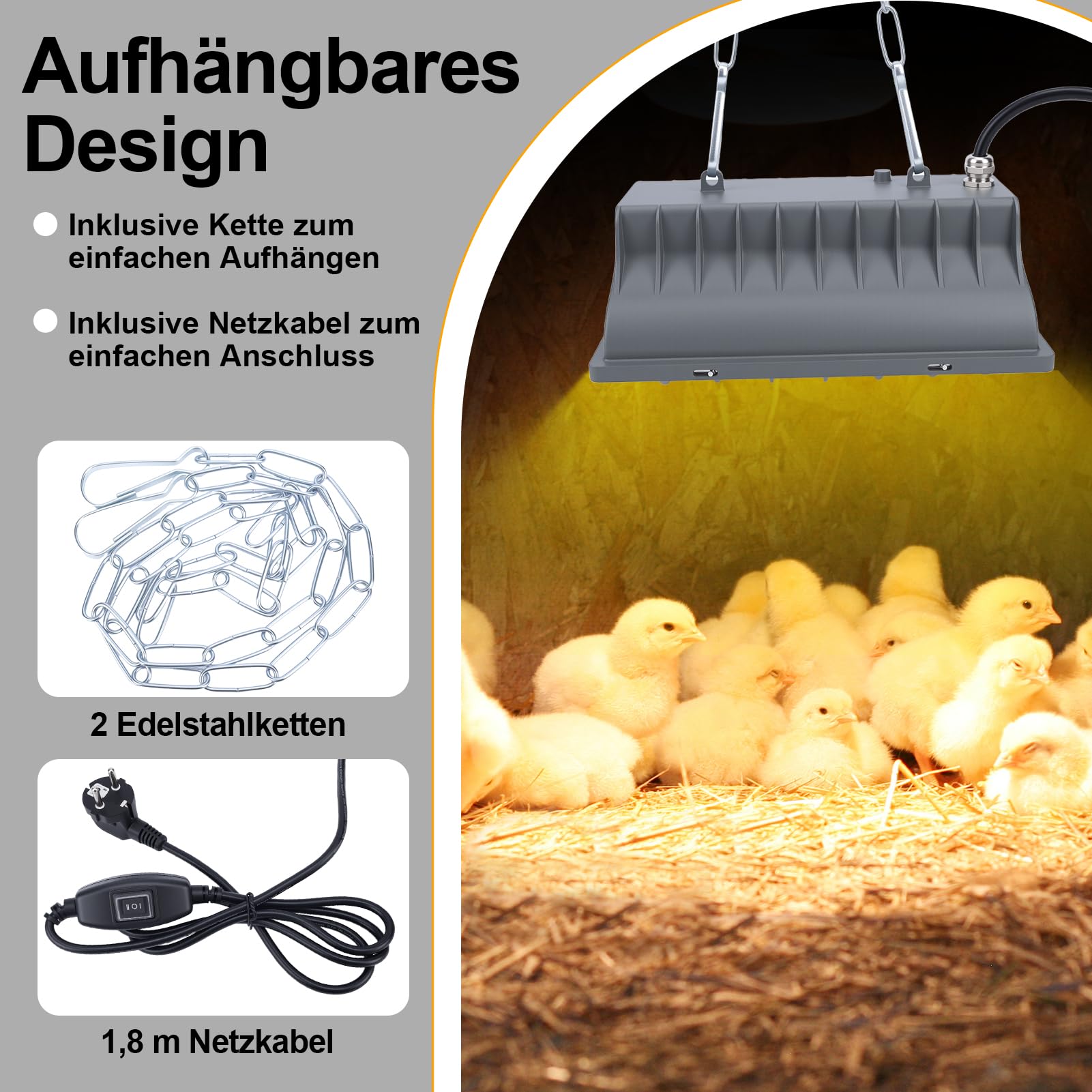 Wärmelampe für Hühnerstall, Küken & Tiere – Infrarot-Heizlampe mit Thermostat, Wasserdichtem Aluminiumgehäuse, Verstellbarer Kette (1m ) für Geflügel, Reptilien & Terrarien