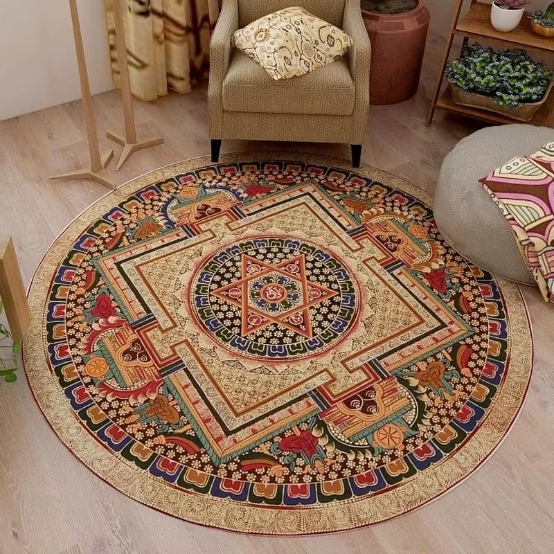 Tapis pour chambre rond bohème ethnique 200 cm lavable pour salon