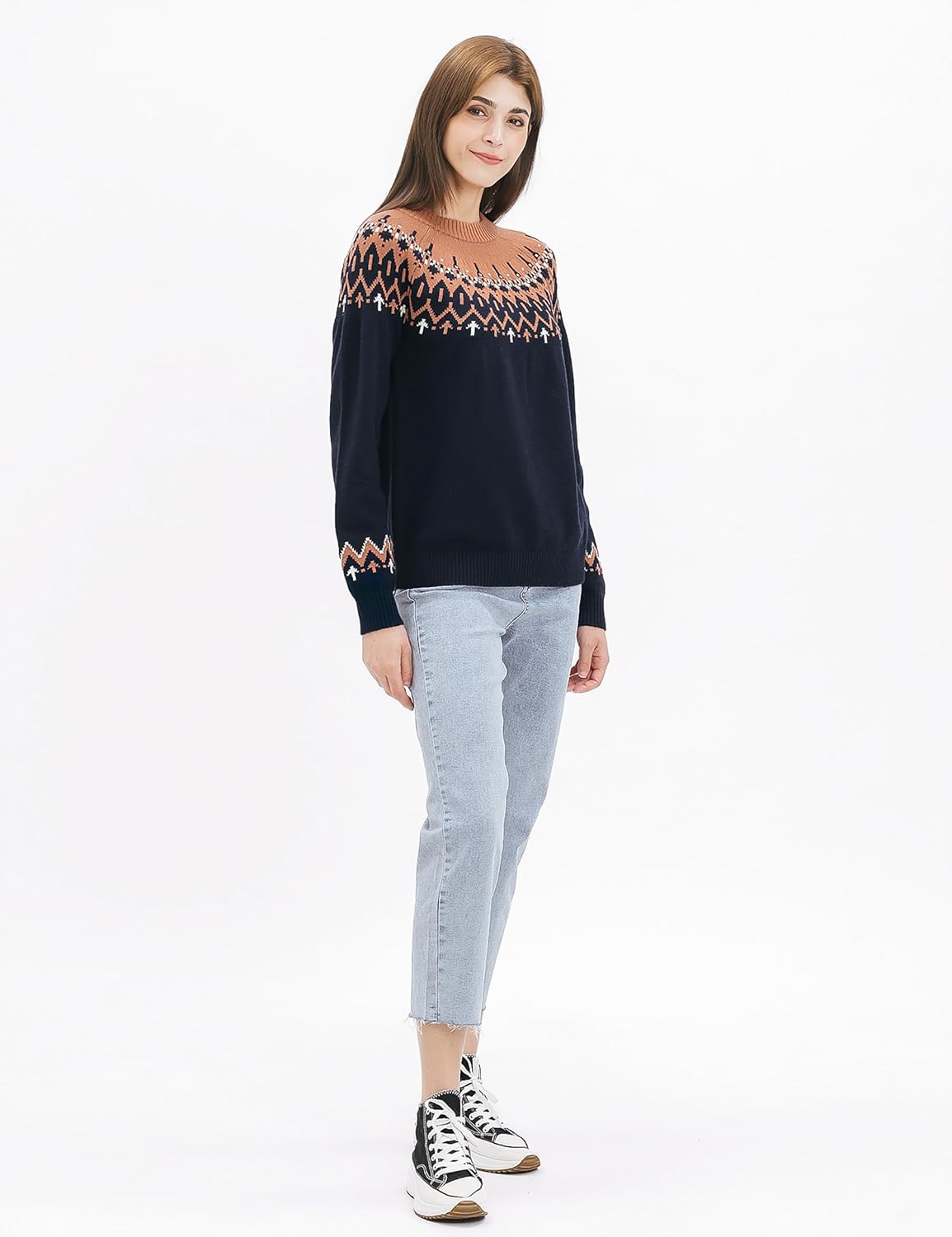 Cable Stitch Women's Fair Isle Sweater – Classic Vintage Jacquard Long Sleeve Crewneck Pullover Top - Image 3