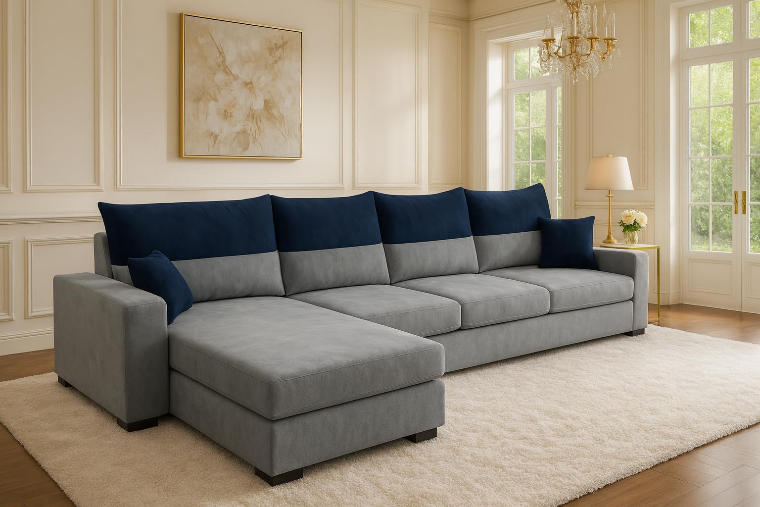 FURNY Premium Luster 5 to 6 Seater Fabric LHS L Shape Sofa Set for Living Room | with Velvet Fabric | 3- Year Warranty in Dark Blue & Light Grey Color-image-11