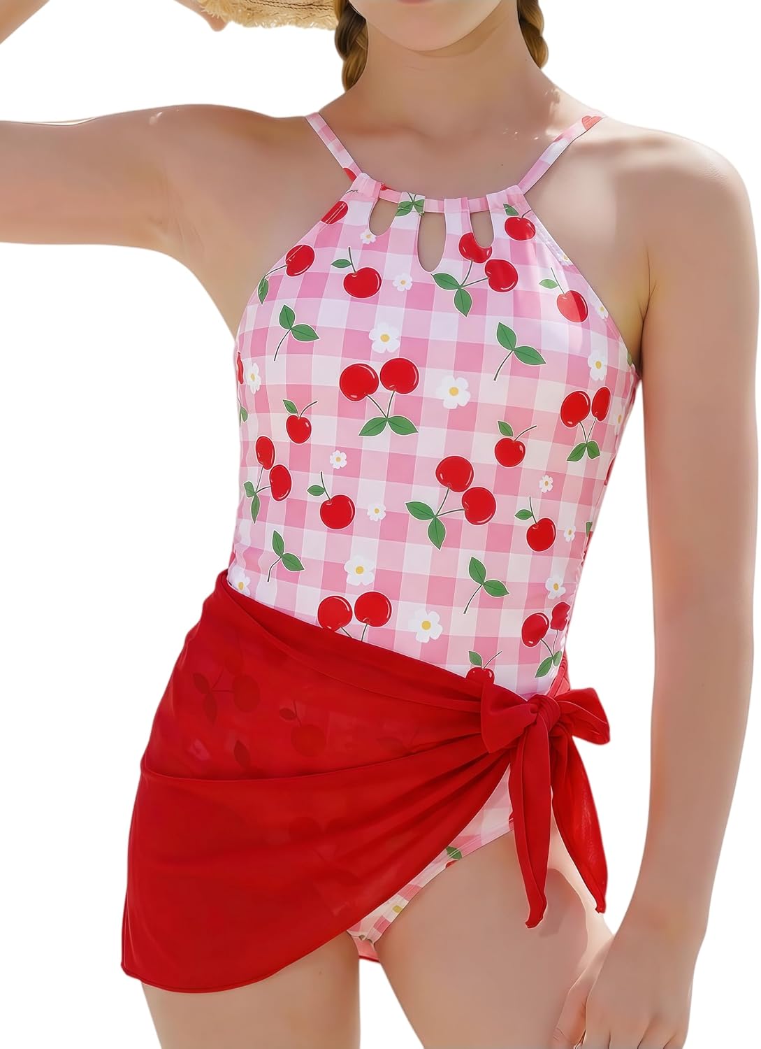 Girls Swimsuit One Piece Teens Adjustable Straps Halter Cut Out Swimming Bathing Suits with Mesh Cover Up Skirts