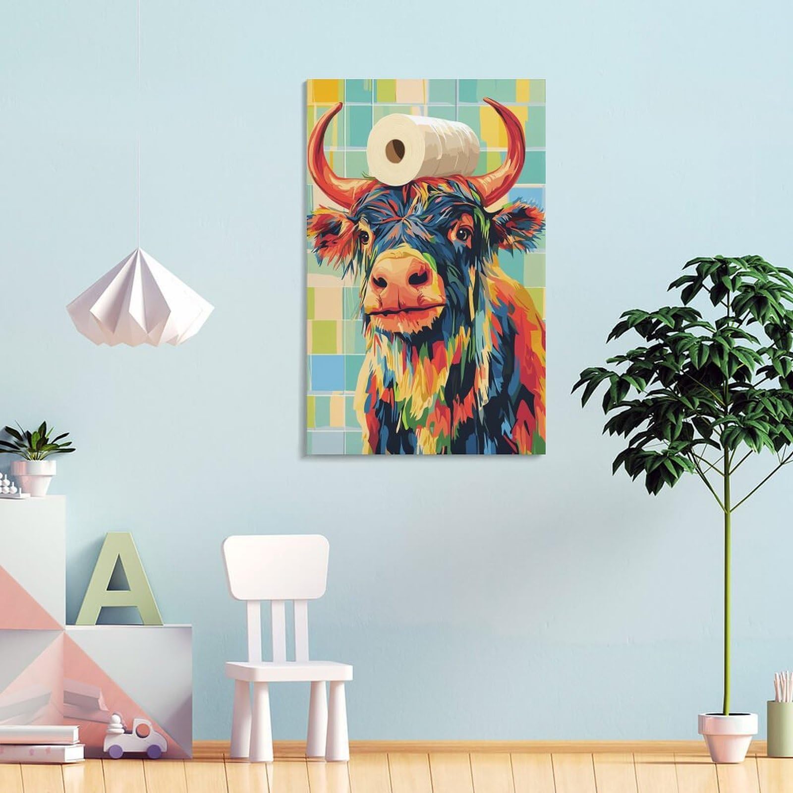 Junmoney Kunstdruck Auf Leinwand Colorful Cow with Toilet Paper Hat, 16x24inch(40x60cm), Für Wohnzimmer, Flur Oder Schlafzimmer, Leinwandbild Für Harmonische Raumwirkung