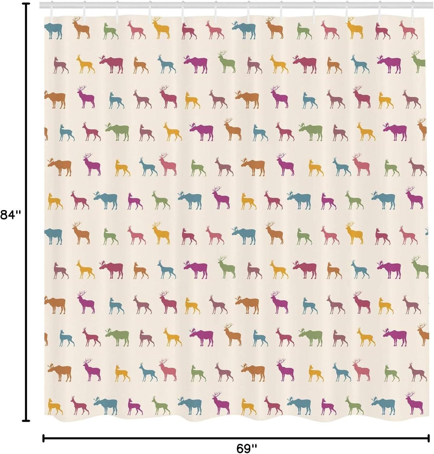 Ambesonne Deer Shower Curtain, Animals with Antlers Wildlife Pattern Inspired Colorful Creature Silhouettes, Cloth Fabric Bathroom Decor Set with Hooks, 69" W x 84" L, Champagne Multicolor