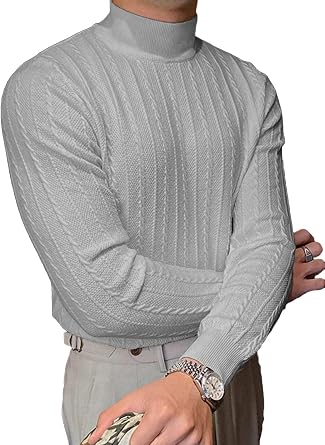 Men's Turtleneck Pullover Long Sleeve Cable Knit Slim Fit Pullover High Roll Neck Tops Basic Knitted Jumper Sweater Men