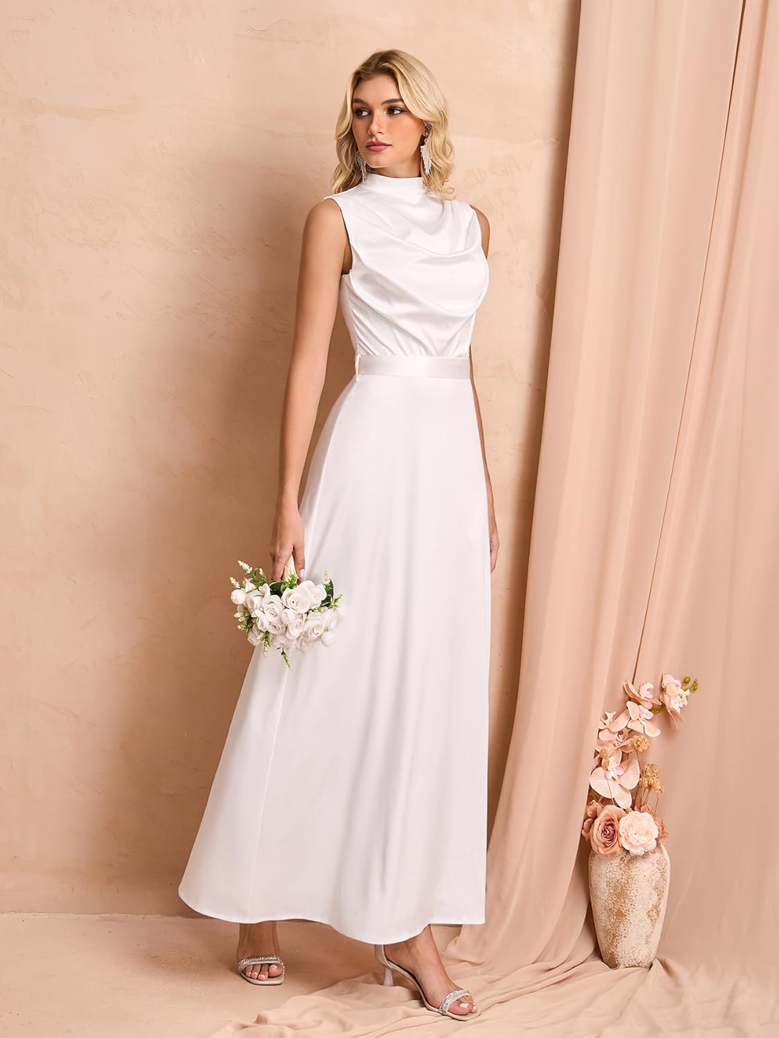 Women Satin Formal Long Dress Elegant Mock Neck Ruched Cocktail Wedding Guest Party Maxi Dress with Belt - Image 2