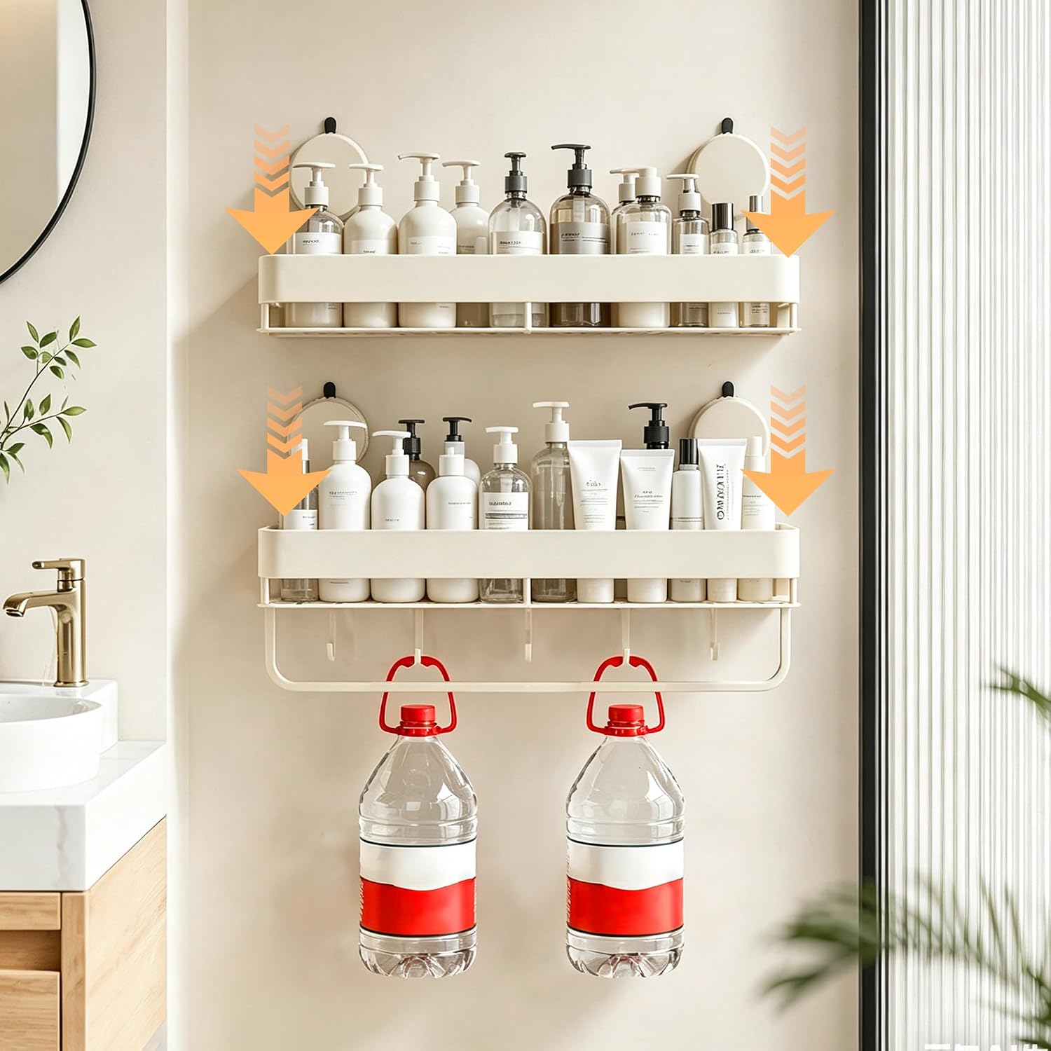 Wide Aluminum Suction Cup Shower Caddy(2-Pack Cream White),Shower Shelves for Bathroom Wall,Wall Mounted Bathroom Shelves with Towel Bar & Hooks