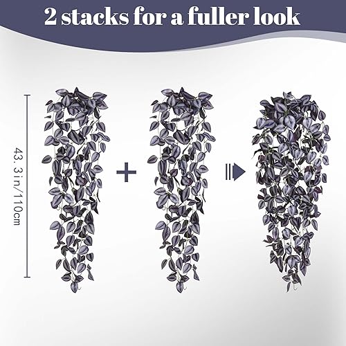 Vista 2 de BLEUM CADE Plantas colgantes falsas, 2 plantas colgantes artificiales, enredaderas de imitación de color morado oscuro, plantas colgantes