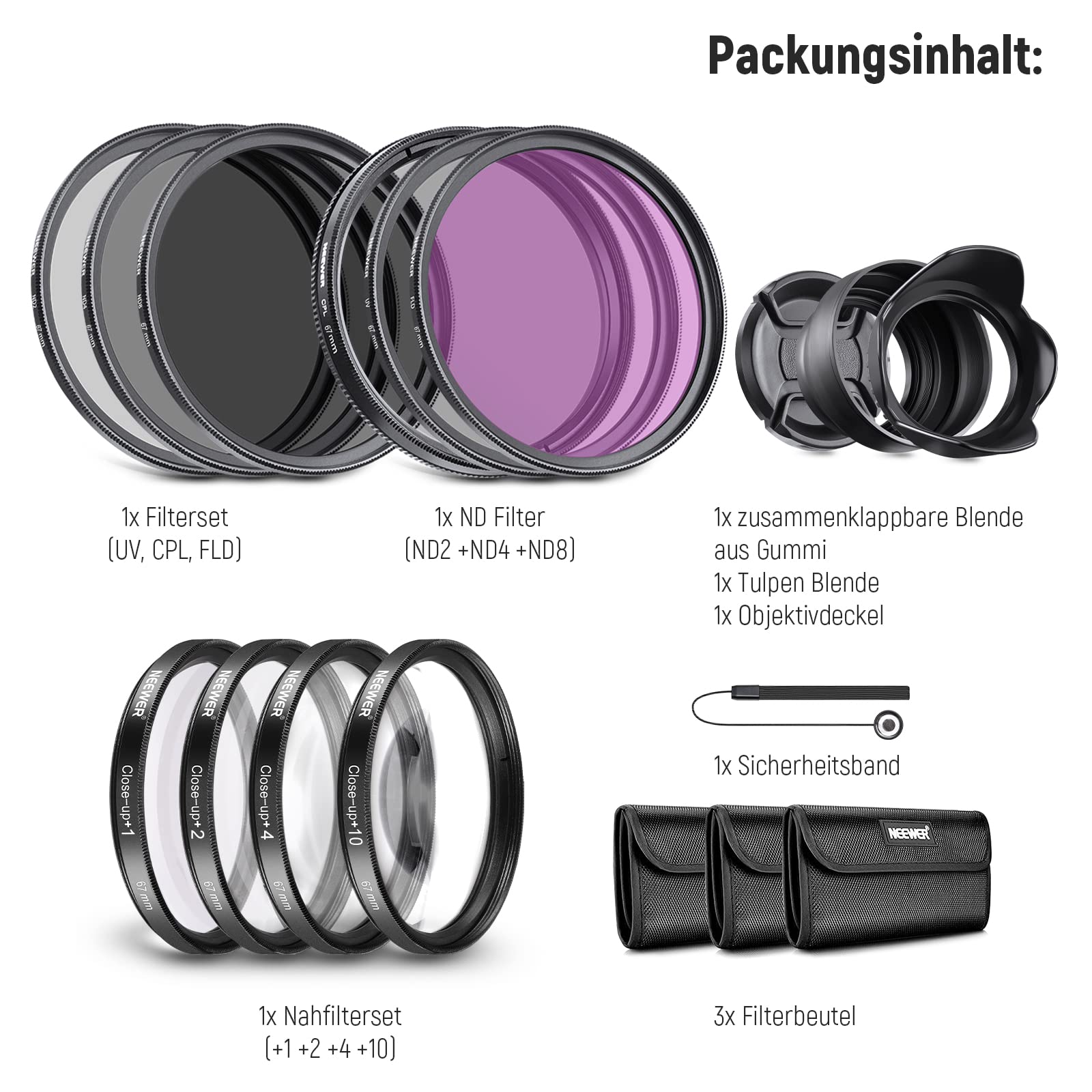 NEEWER 67mm ND Filter Set ND/CPL(Polfilter)/UV/FLD/Nahfilter Objektivzubehör ND2 ND4 ND8 Graufilter Set (+1/+2/+4/+10) Tulpen Blende, zusammenklappbarer Gummi Blende, Objektivdeckel, Filterbeute