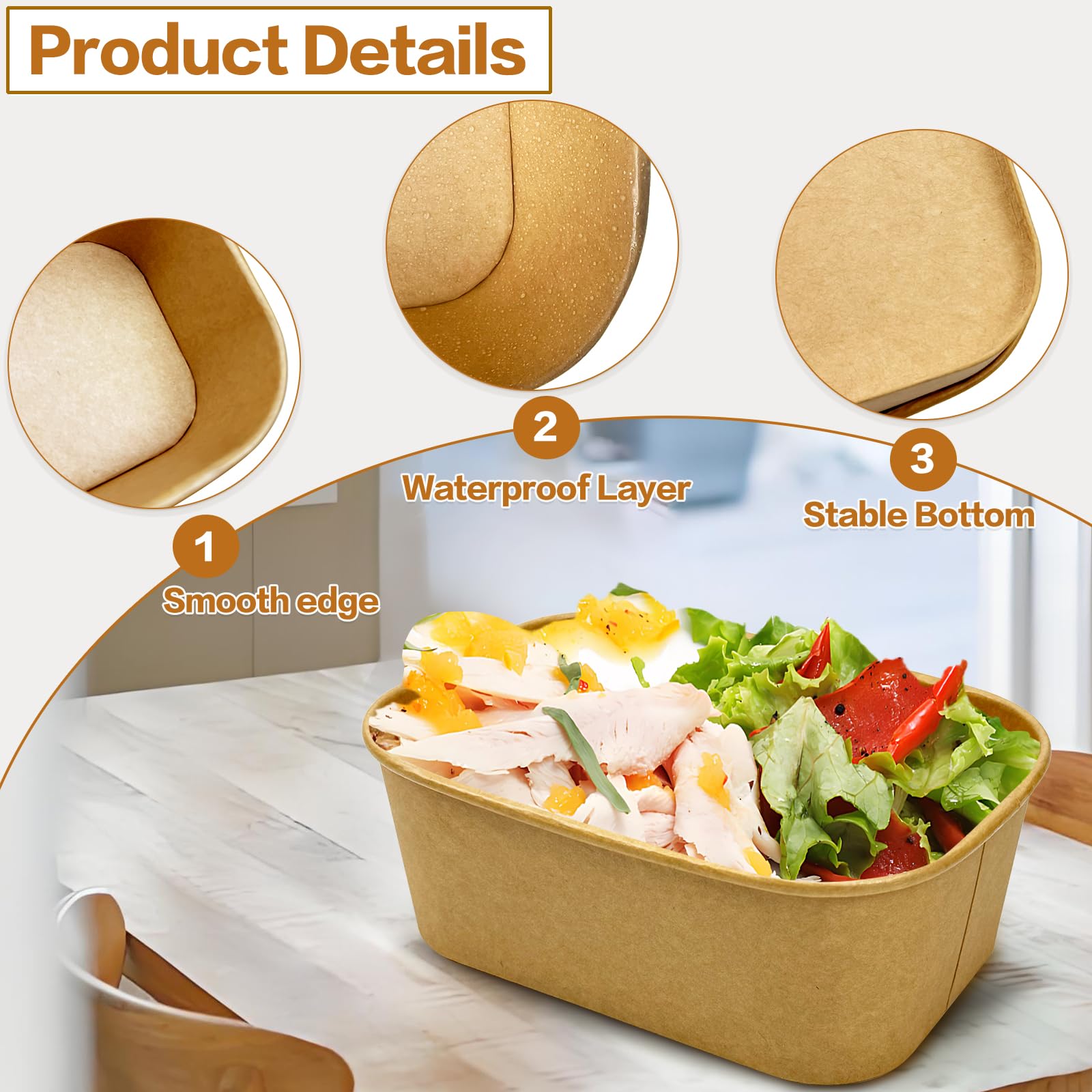 Paquete de 50 recipientes de papel para preparación de comidas con tapas, desechables y compostables de 20 onzas, recipientes rectangulares para llevar, cuencos de papel kraft para sobras