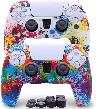 2 Pack Silicone Controller Skins Anti-Slip Cover Case Protector Sleeve for Playstation 5 /PS5 Controller with 8 x Thumb Grip Caps Bright and Colorful