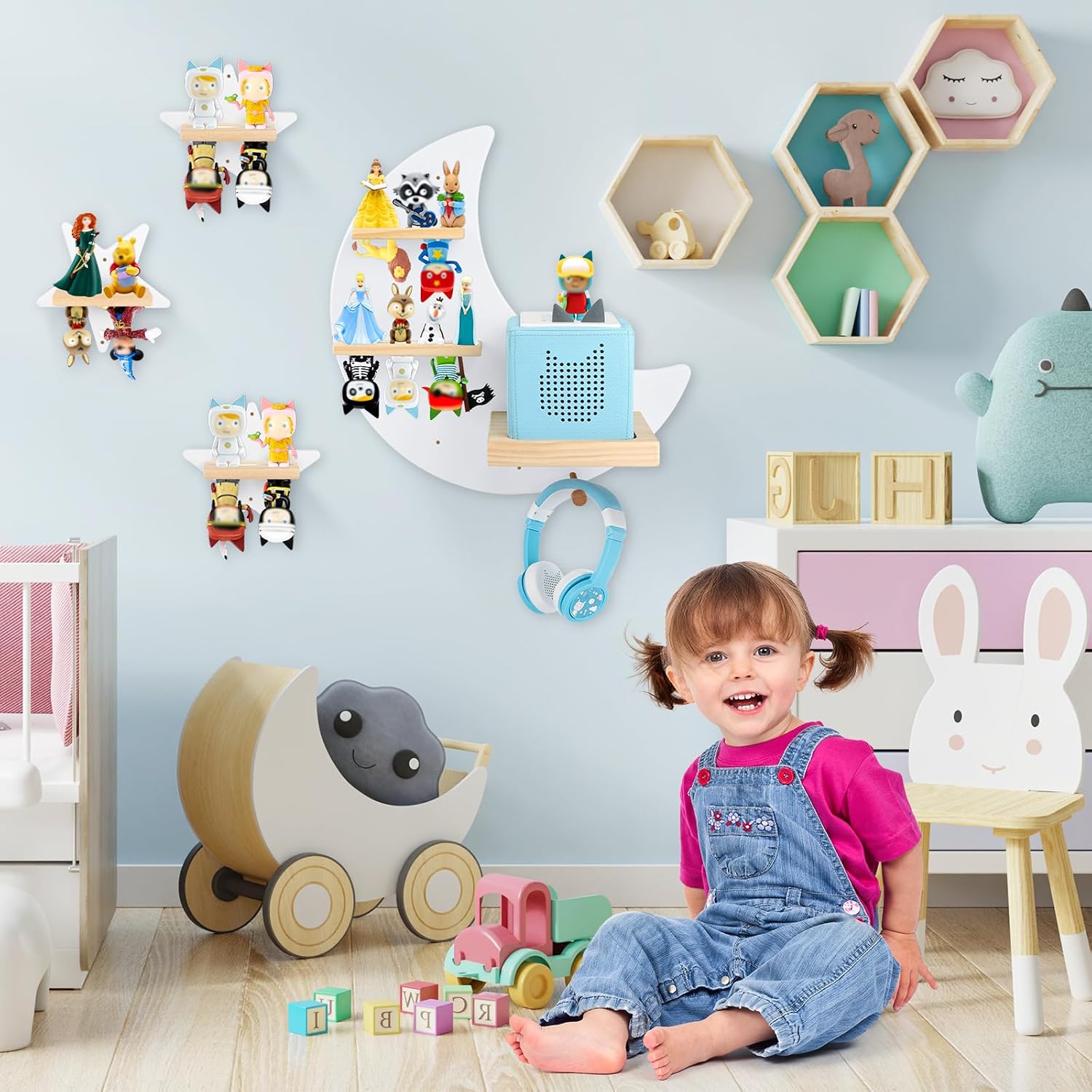 Moon + Stars for Toniebox 1/2 Tonies Figures Organizer Storage Shelf Wall Mounted, Magnetic Floating Shelves for Toniebox Player, Characters, Earphones, Display Collection 20~30 Characters (White)