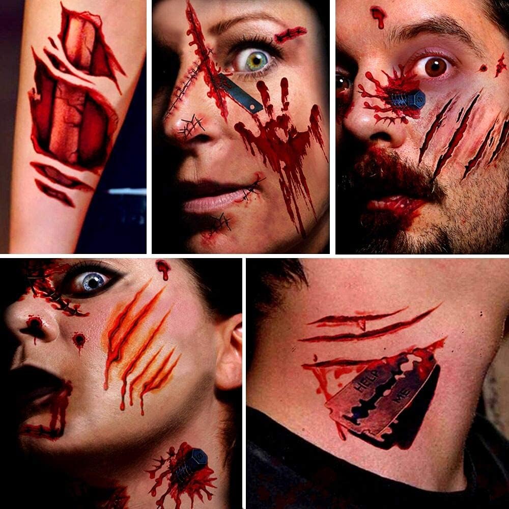 Zombie Makeup Tattoos, Party & Cosplay Temporary Tattoos for Costume Events and Themed Gatherings, 11 Unique Sheets, 61 Pics Fake Scars Cuts