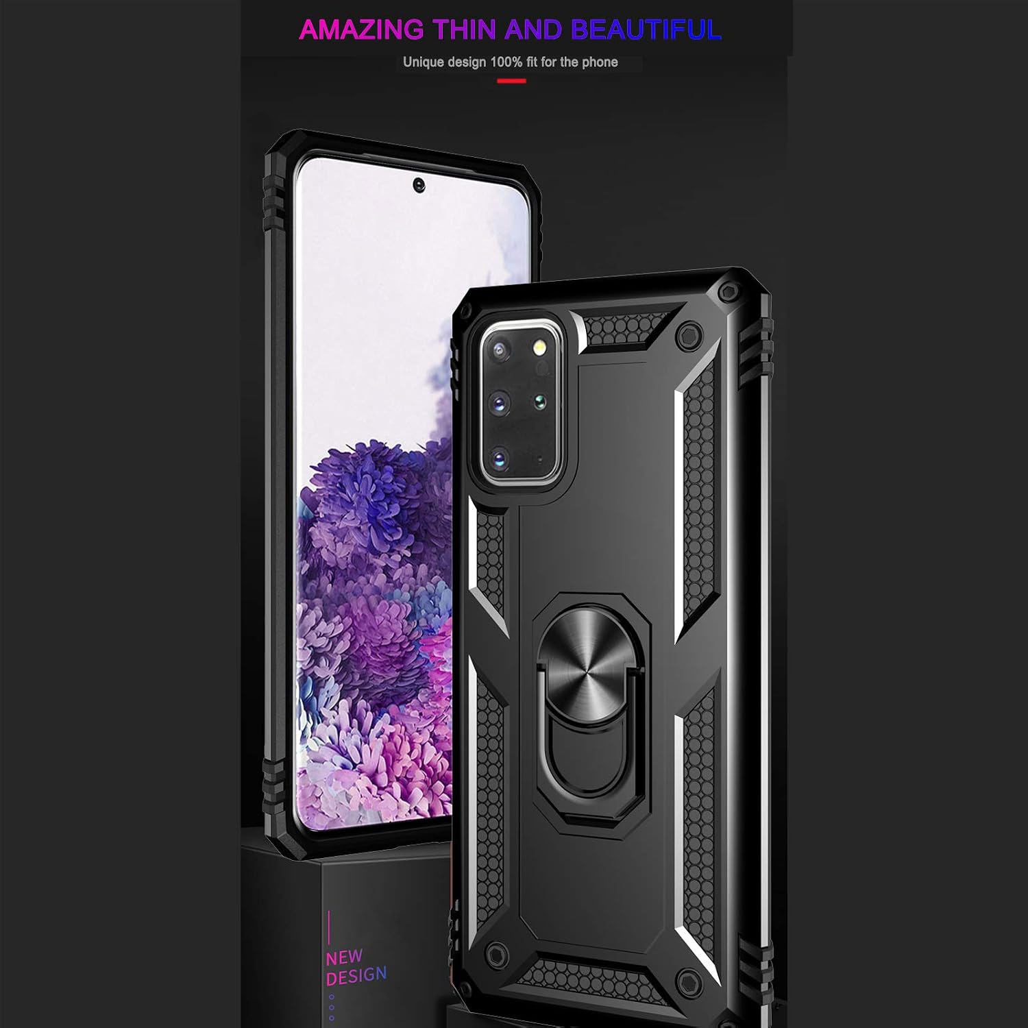 Samsung Galaxy S20 Plus Case with HD Screen Protectors, Androgate Military-Grade Metal Ring Holder Kickstand 15ft Drop Tested Shockproof Cover Case for Samsung Galaxy S20+ /S20+ 5G Black