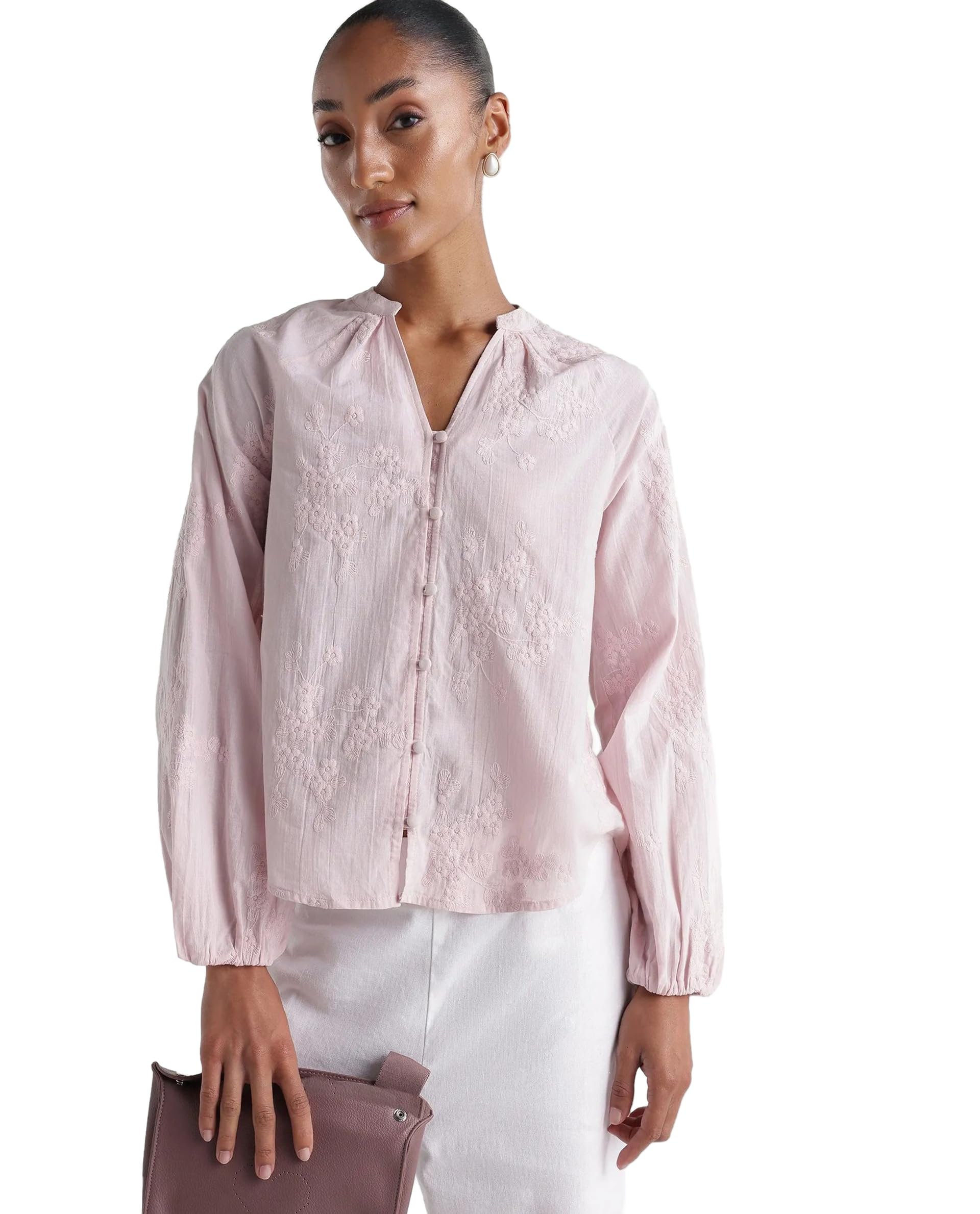rareism Women Regular Floral Pastel Pink Cotton V-Neck Long Sleeve Top-picture-59