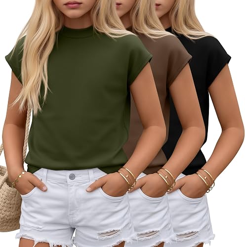YooAurvox 3 Pack Girls Shirts Summer Cap Sleeve Fashion Mock