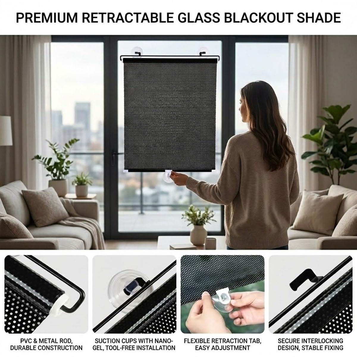 Tende a Rullo Oscurante con Ventose Senza Fori Tapparella da Interno Termica Protezione UV Tendine Parasole per Finestre in Vetro Lucernario Casa Ufficio Auto Portatili(27"Wx72"H)