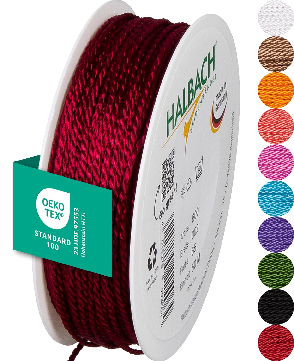 Halbach Seidenbänder Premium Kordel (weinrot) | Breite 2mm Länge 50m | Made in Germany & Öko-Tex Zertifiziert | glänzende Satinkordel aus Acetat