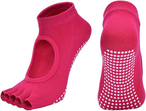 Miniatura 6 de Calcetines de yoga sin dedos para mujer, calcetines de pilates con agarres, de algodón, antideslizantes, con puntera abierta, para pilates, barra