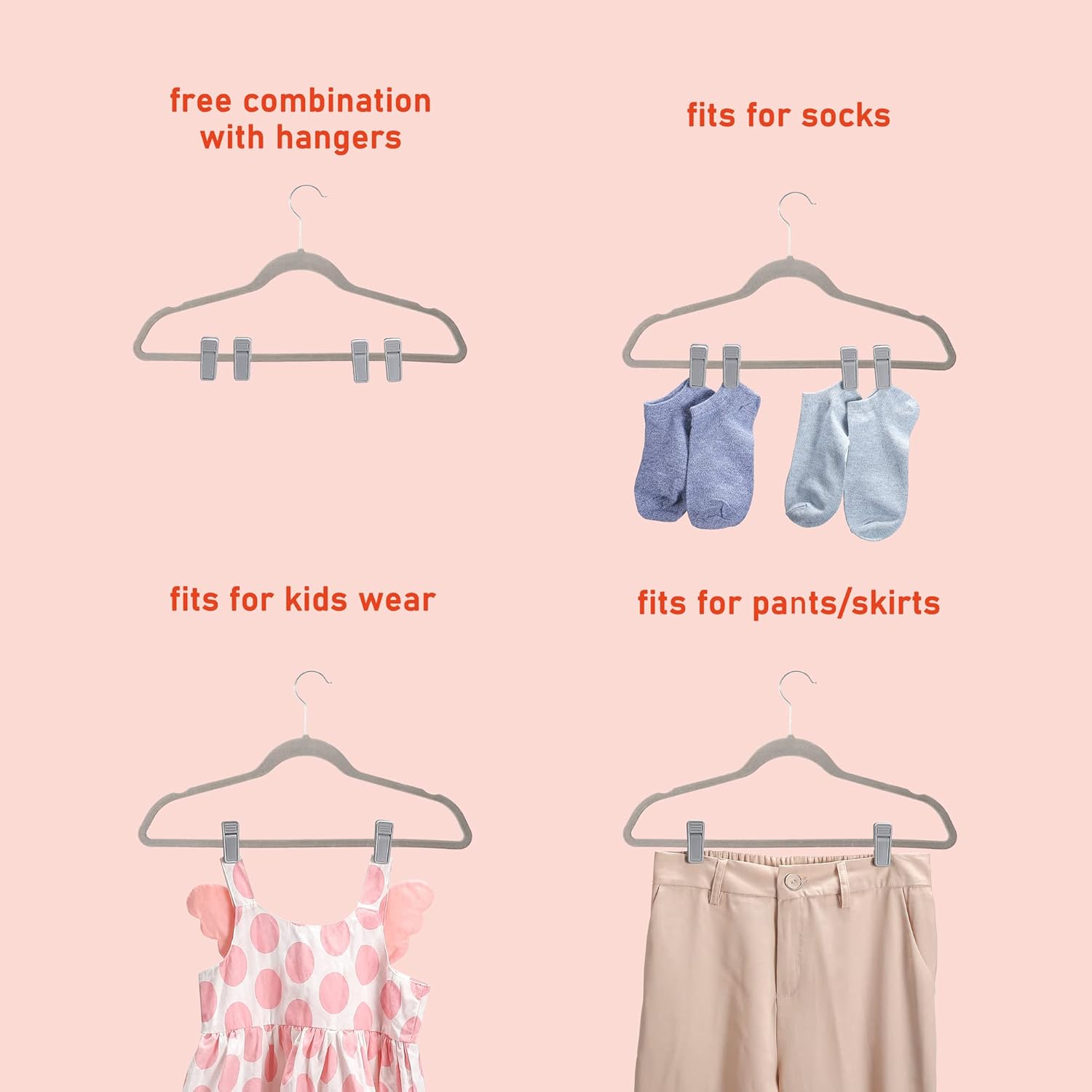 HOUSE DAY Grey Plastic Finger Clips for Hangers, 100 Pack Pants Hanger Clips, Strong Pinch Grip Clips for Use with Slim-line Clothes Hangers, Clips for Velvet Hangers