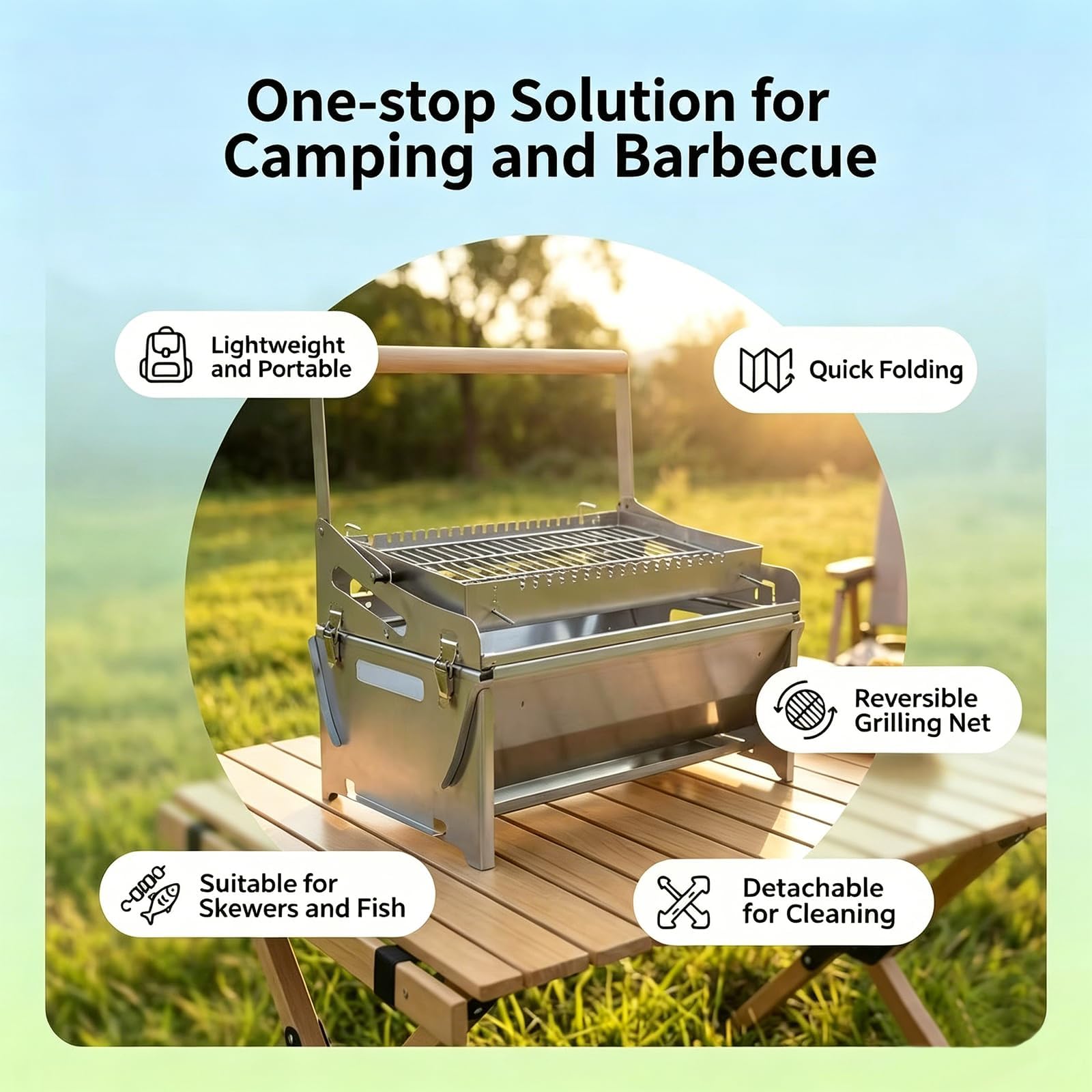 Przenośny grill węglowy z klapką, do grillowania piknikowego | dwustronny ruszt, drewniany termoizolowany uchwyt, boczne drzwiczki popielnikowe i wyjmowane tace ułatwiające czyszczenie