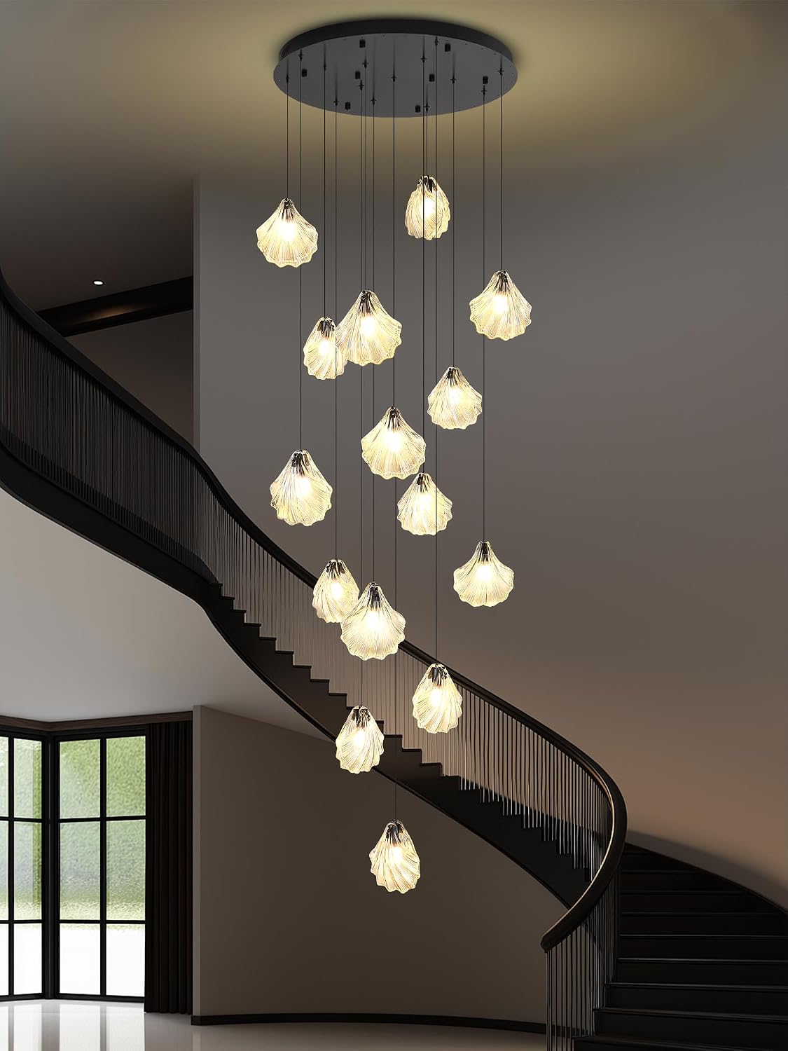 16-Light Modern Shell Chandeliers for Staircase LED Dimmable High Ceiling Chandelier Black Hanging Pendants Lighting for Stairwell Hallway Entrance Foyer