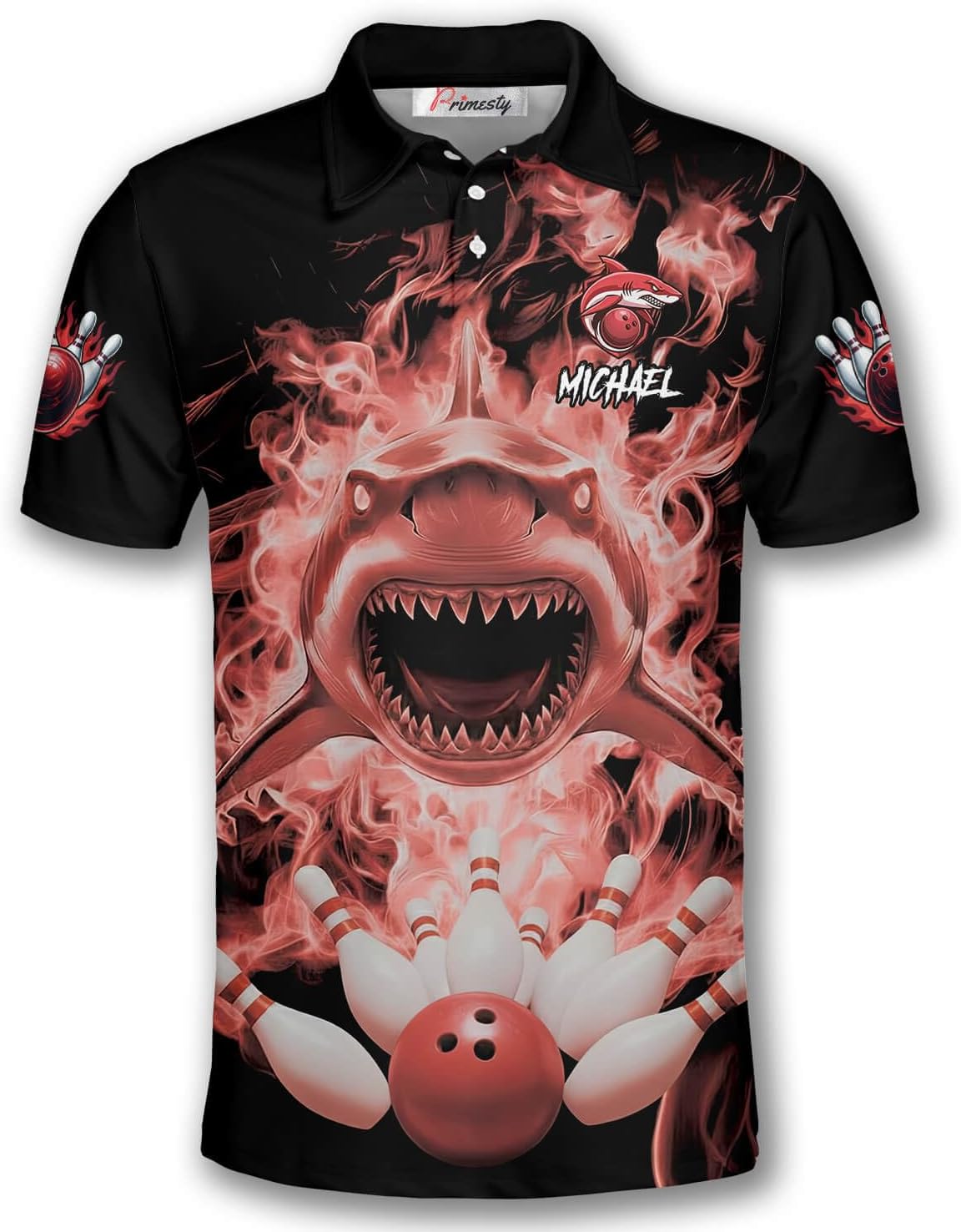 PRIMESTY Shark Bowling Polo Shirts – Personalized Bowling Jerseys with Shark Design for Men, Women, and Unisex