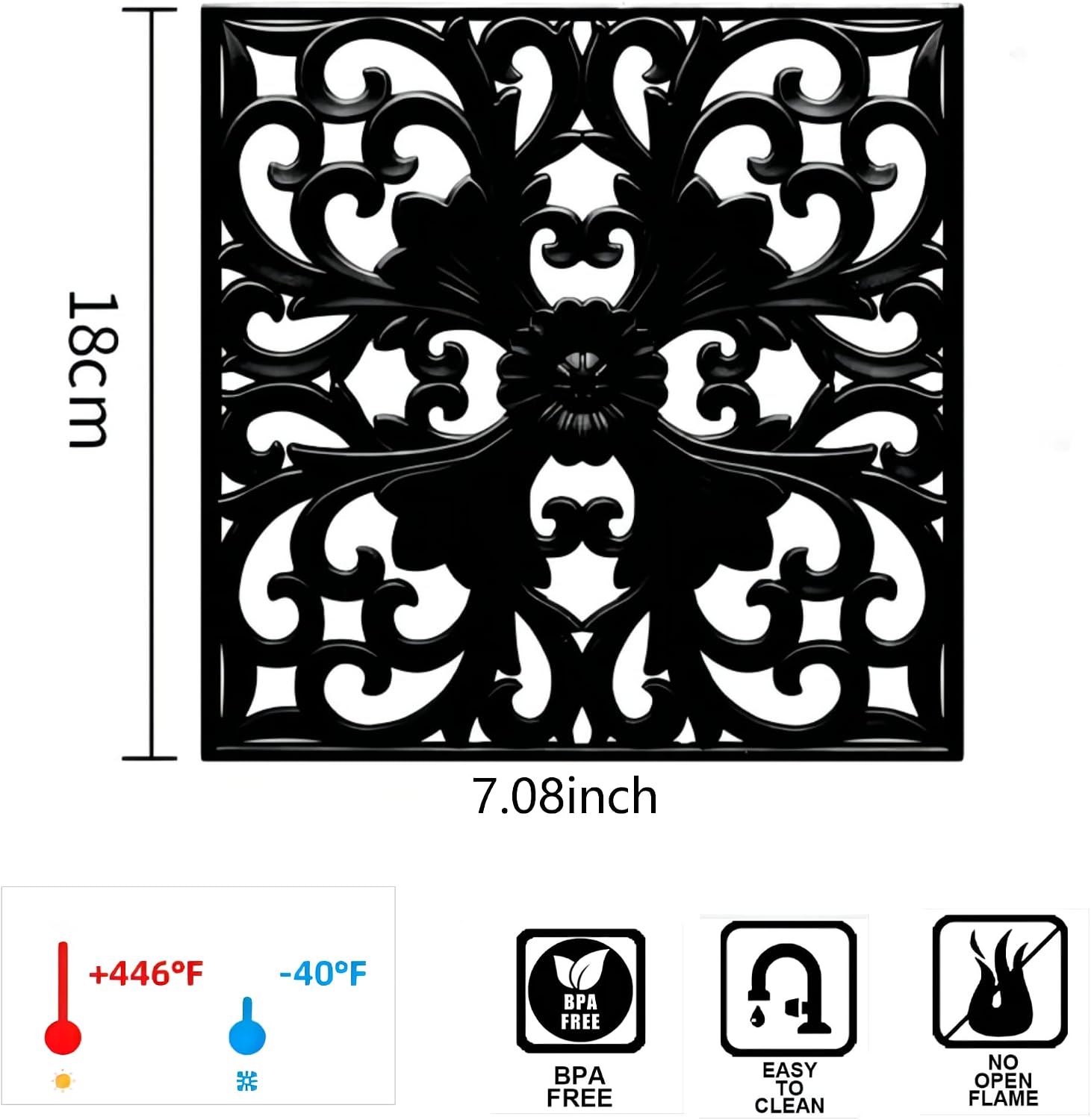 Silicone Trivets Mats-Trivets for Hot Dishes, Table, Countertop, Non-Slip Heat Resistant Modern Kitchen Trivet,Teapot Trivet - Flexible Square Hot Pads for Pots & Pans of 3 Black