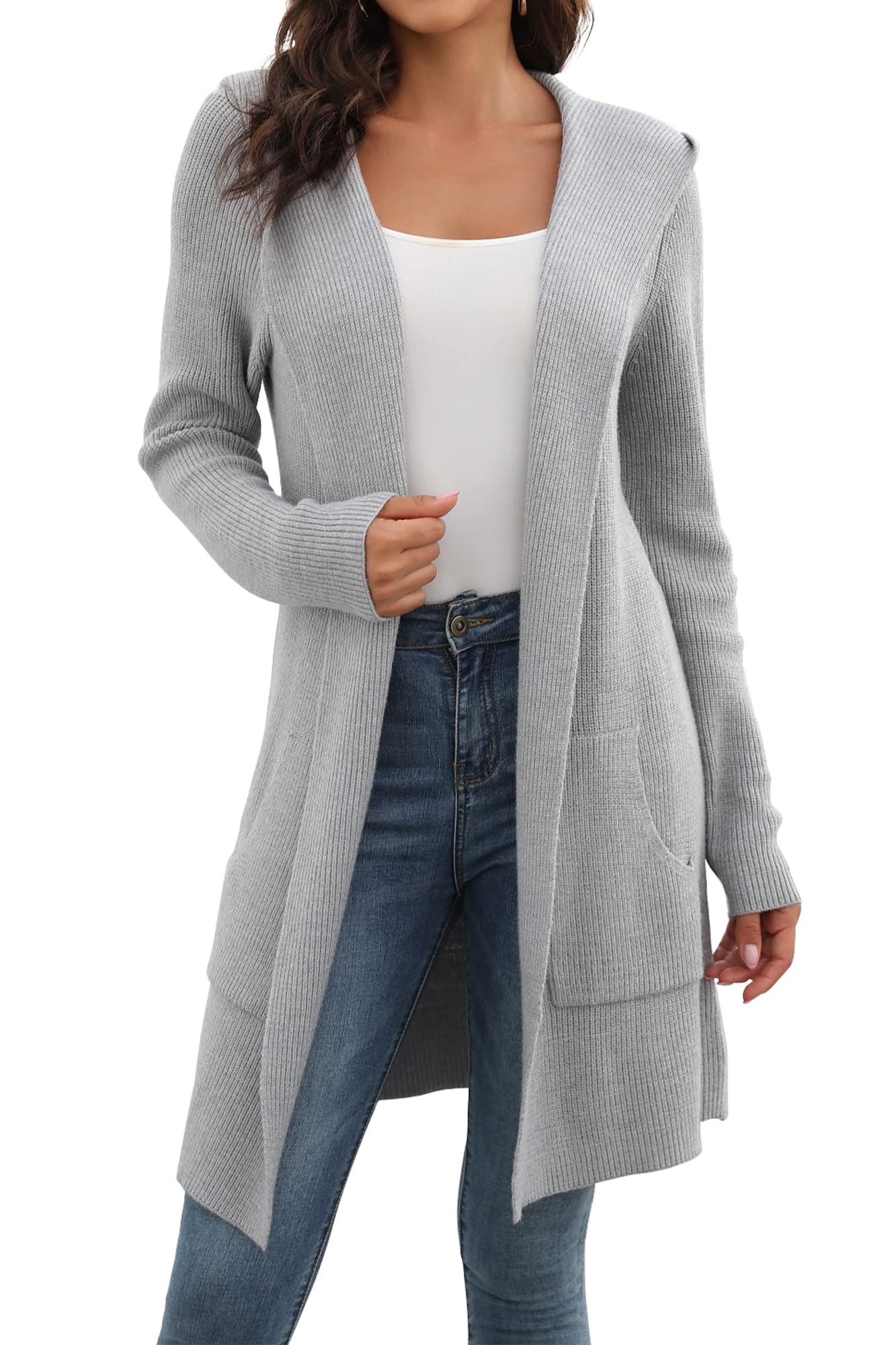JUOIANTANG Damen Lange Strickjacke mit Kapuze und Taschen