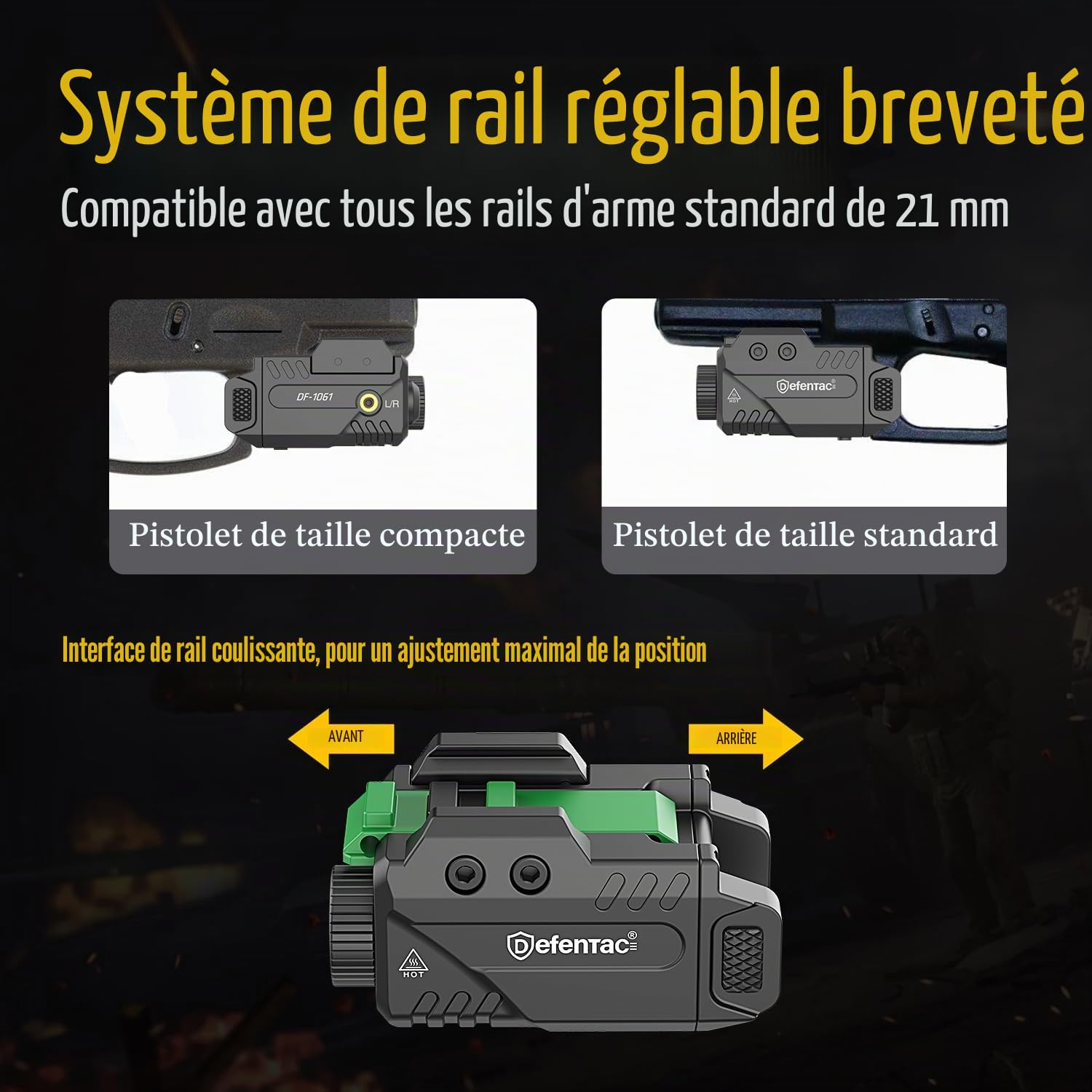 Defentac DF-1061 Lampe de poche magnétique avec faisceau vert pour pistolet, lampe de poche tactique 350 lumens LED blanche et faisceau vert Combo avec rail coulissant
