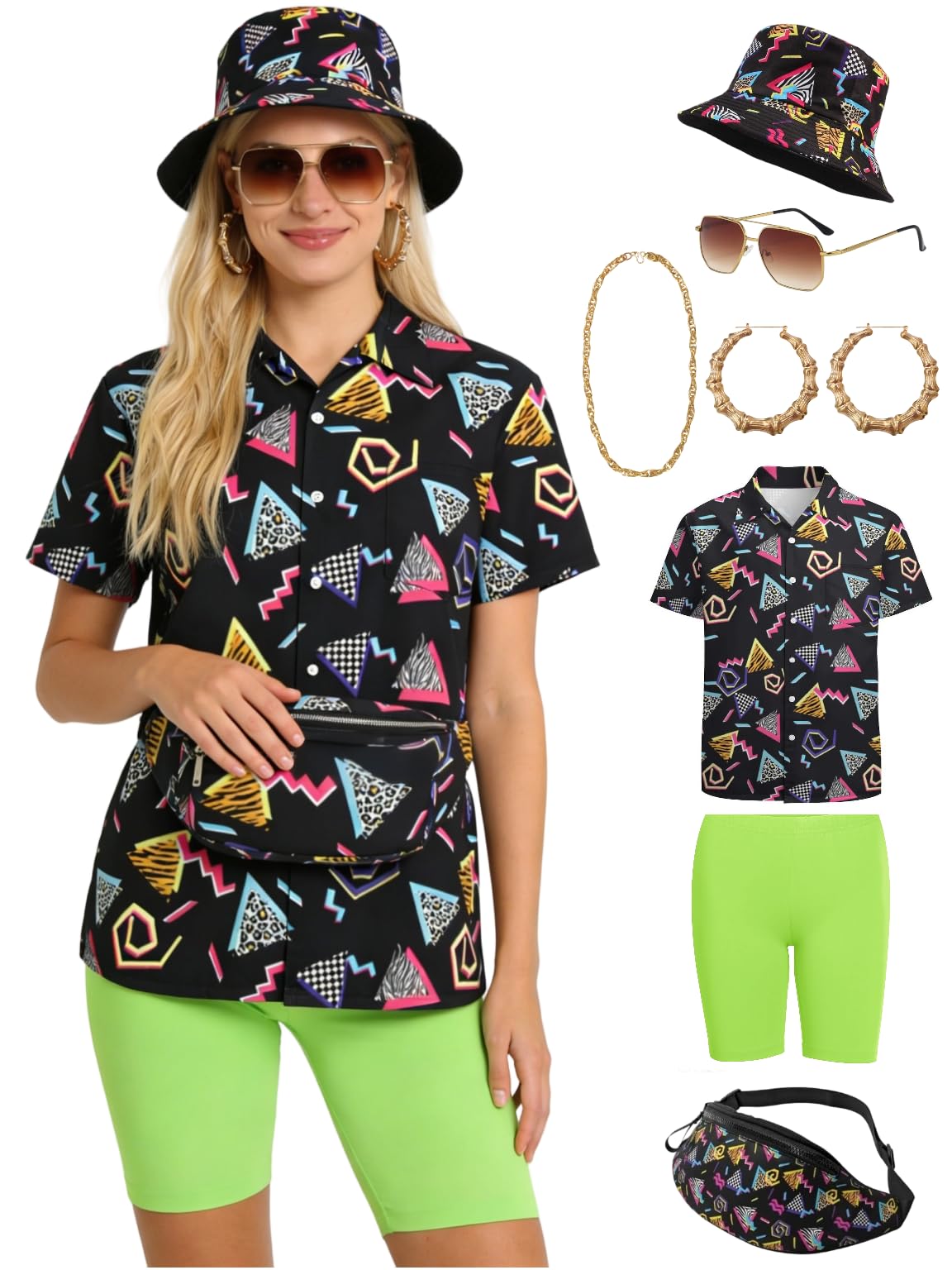 Verceco Trajes de los años 80 para mujer, disfraz de hip hop de los años 90 para adultos con camisa estampada de fiesta temática de los años 90 y juegos de accesorios retro de 7 piezas