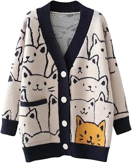 ebossy Women's Kawaii Cartoon Cat Cardigan Japanese Aesthetic Button Down Jacquard Knit Sweater Coat