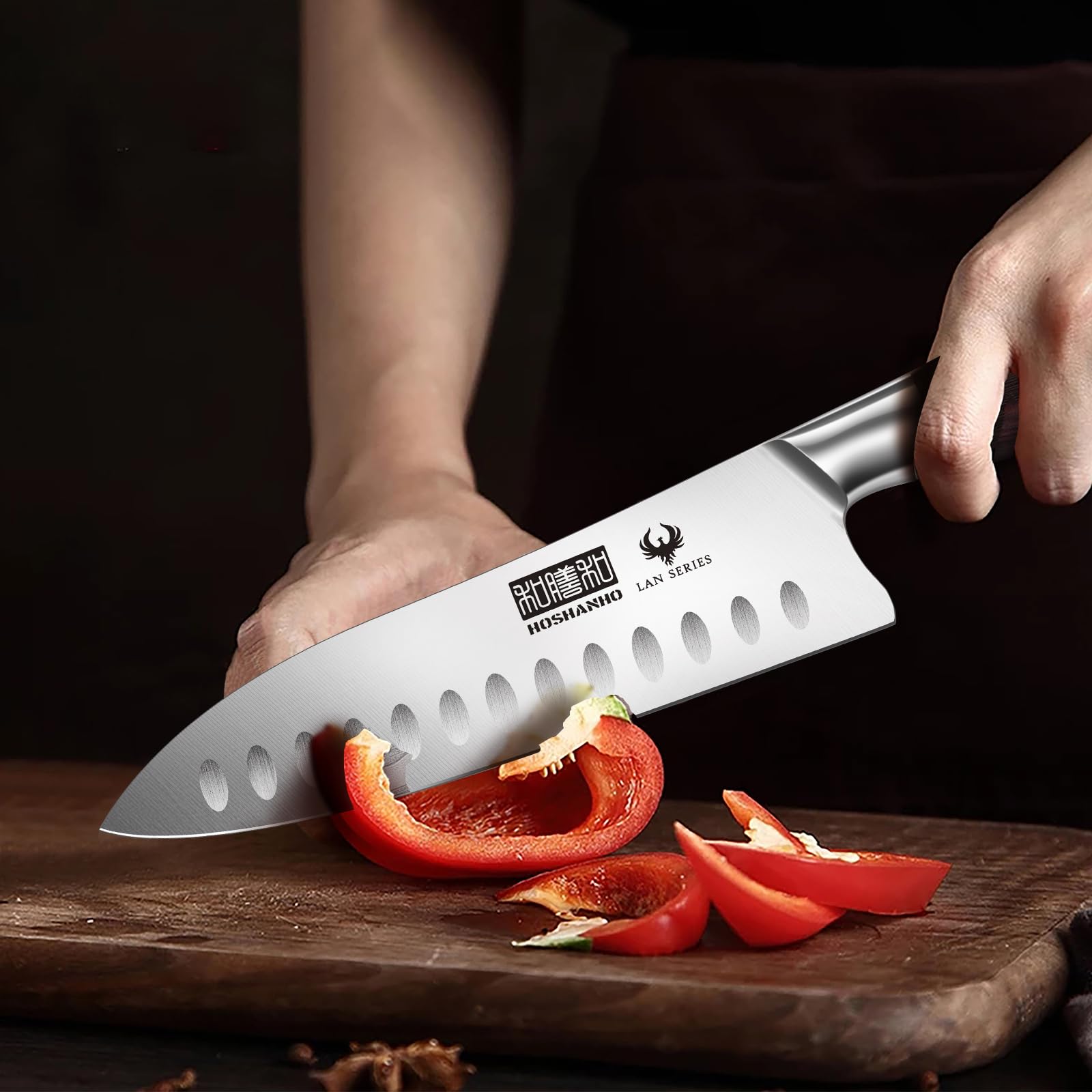 HOSHANHO Couteau Santoku 18cm, Professionnel Couteau de Cuisine, Couteau de Chef Japonais Ultra Tranchant, Couteau de Cuisine à Acier à Haute Teneur en Carbone avec Ergonomique en Bois