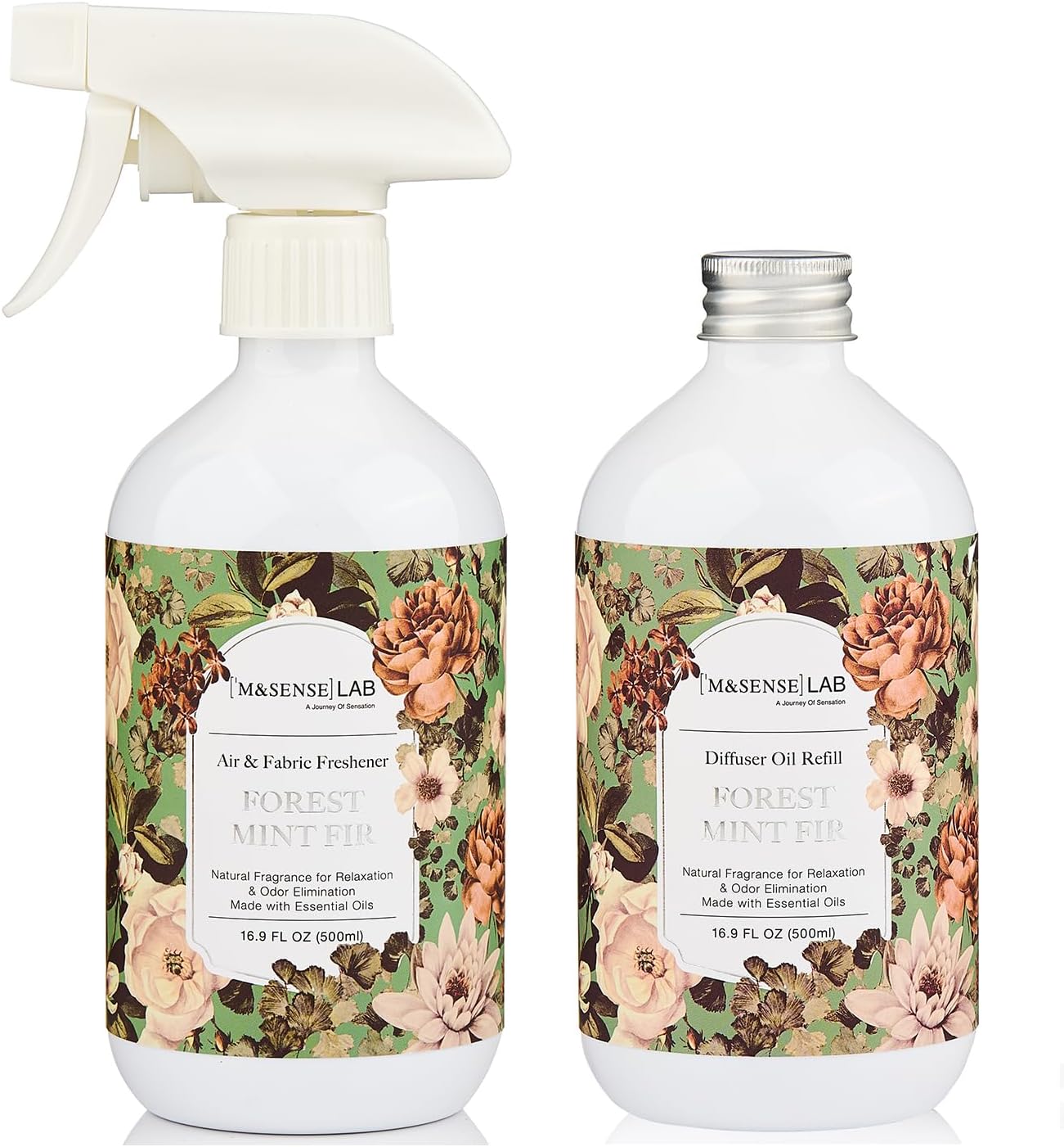 M&SENSE Forest Mint Fir Scent Bundle - Reed Diffuser Oil Refill 16.9Oz with 10 Sticks & Odor Eliminator Spray Natural Essential Oil Home Spa Office Pet Smoke Musty Smell Remover