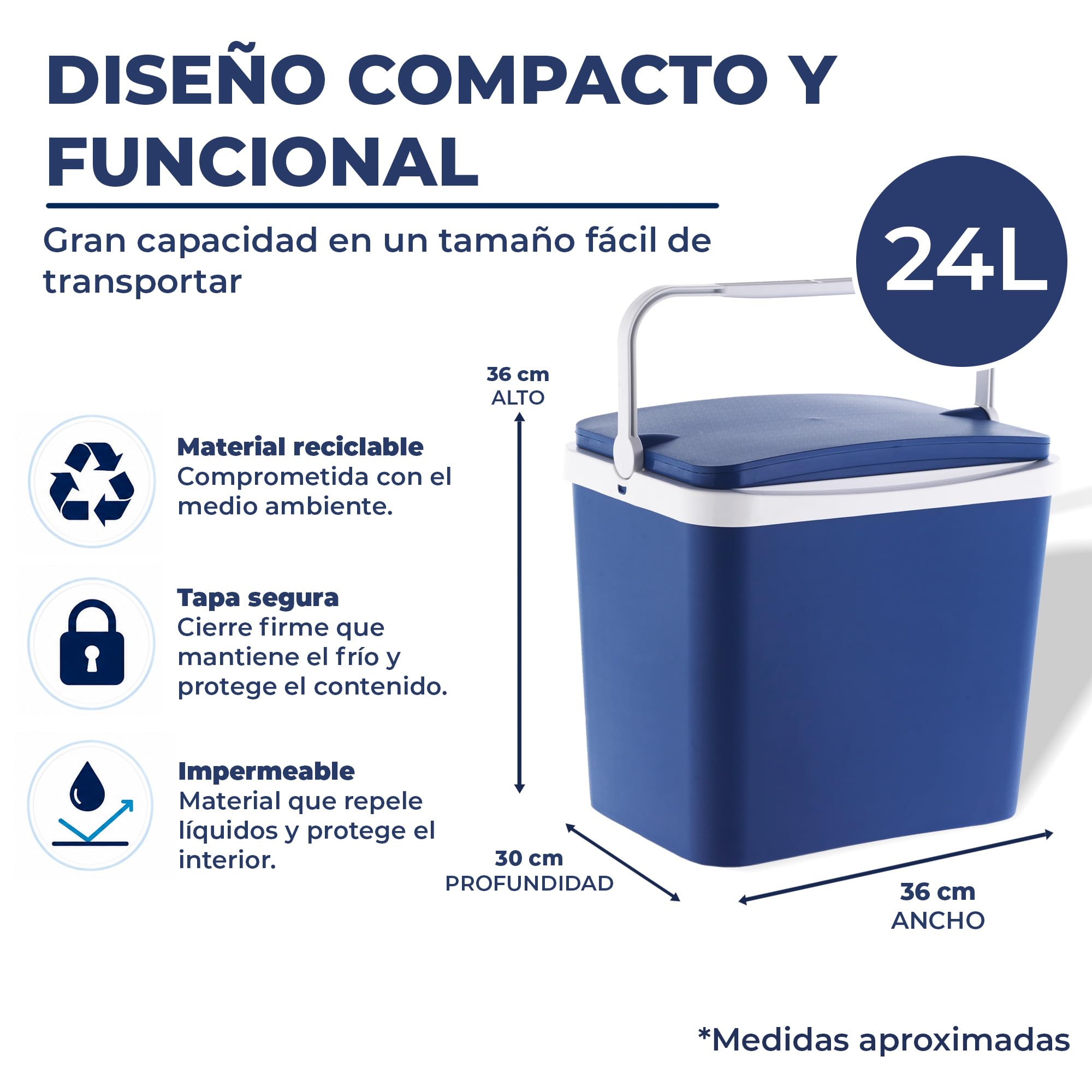 Nevera Portatil Playa Rígida L - Polipropileno de Color Blanca y Azul - Resistente y Duradera Ideal para Camping, Barbacoas, Picnic - Fabricada en España